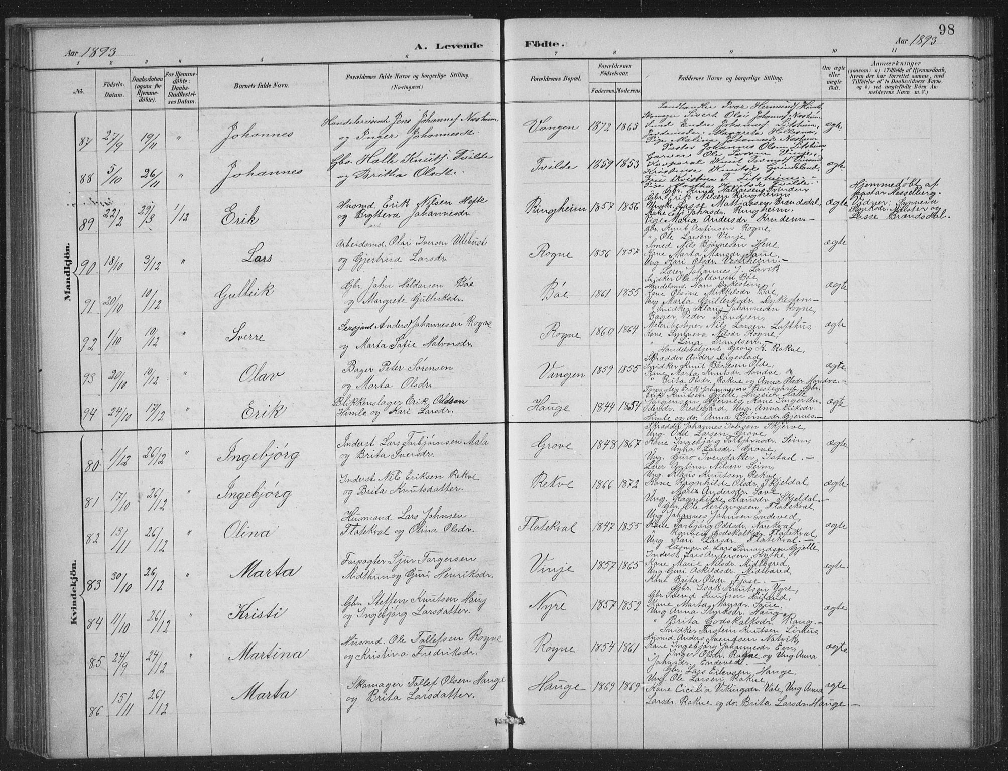 Voss sokneprestembete, SAB/A-79001/H/Hab: Parish register (copy) no. C 1, 1886-1899, p. 98