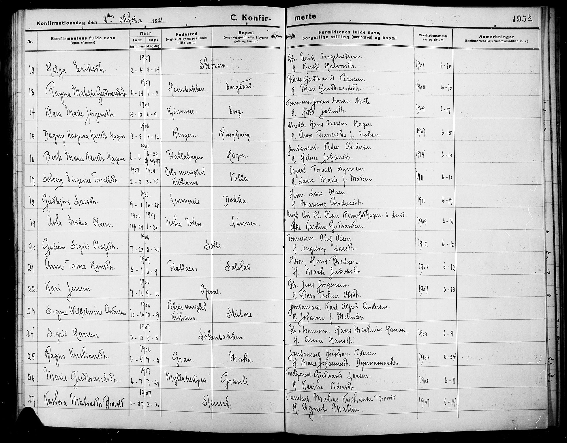 Lunner prestekontor, SAH/PREST-118/H/Ha/Hab/L0001: Parish register (copy) no. 1, 1909-1922, p. 195k