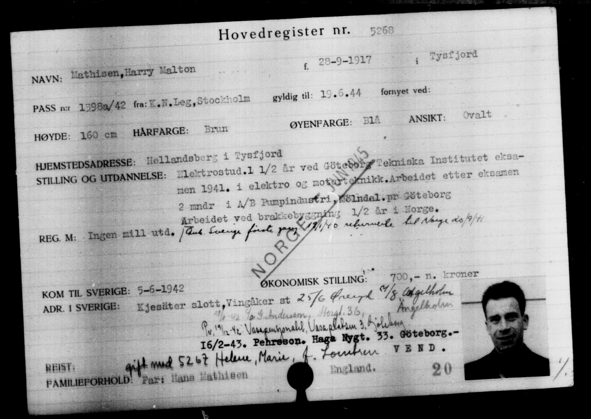 Utenriksstasjonene, Legasjonen i Stockholm, Flyktningkontoret, AV/RA-S-6753/V/Va/L0004: Kjesäterkartoteket, flyktninger med registreringsnr. 3496-6610, 1940-1945, p. 2040