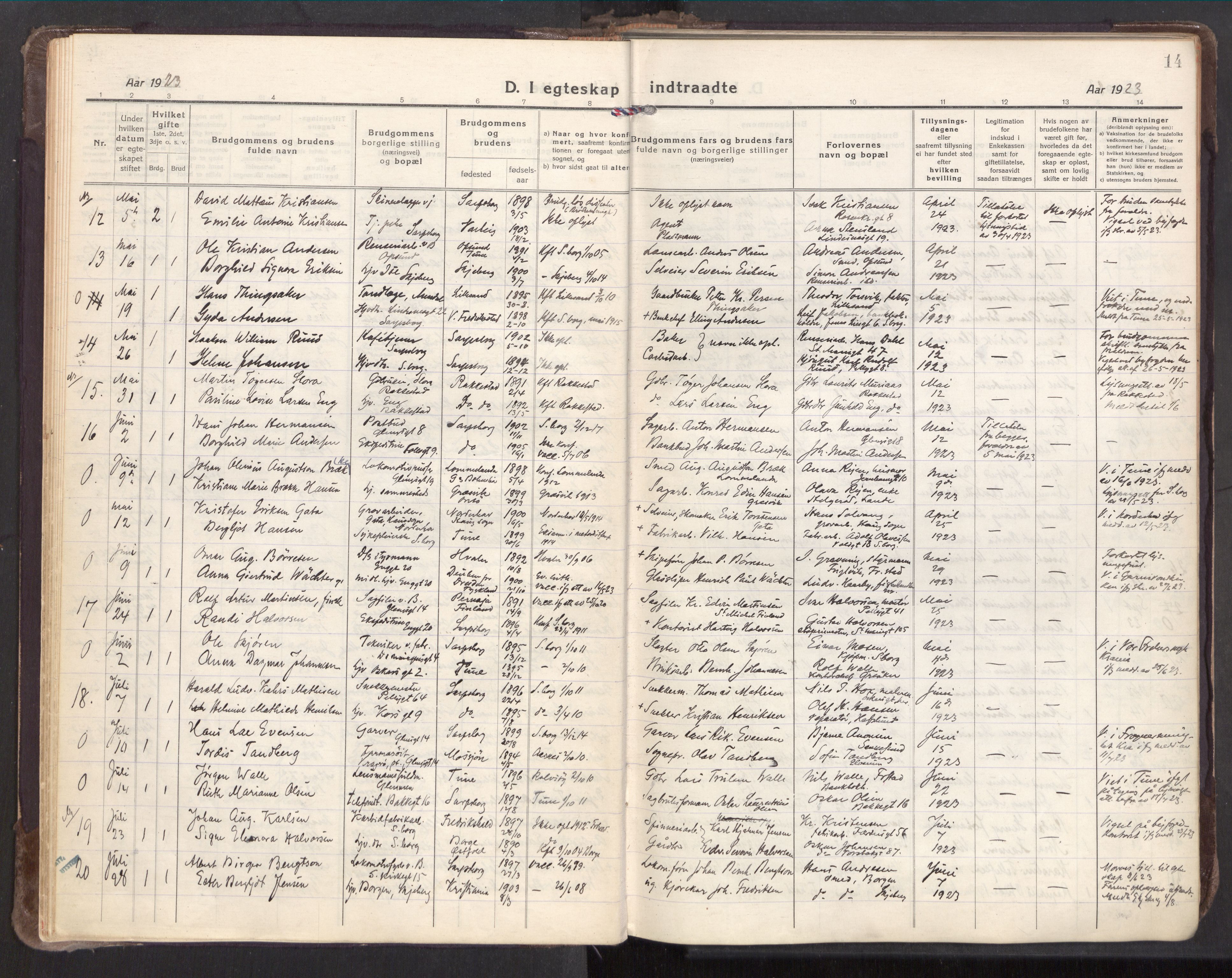 Sarpsborg prestekontor Kirkebøker, AV/SAO-A-2006/F/Fa/L0009: Parish register (official) no. 9, 1919-1931, p. 14