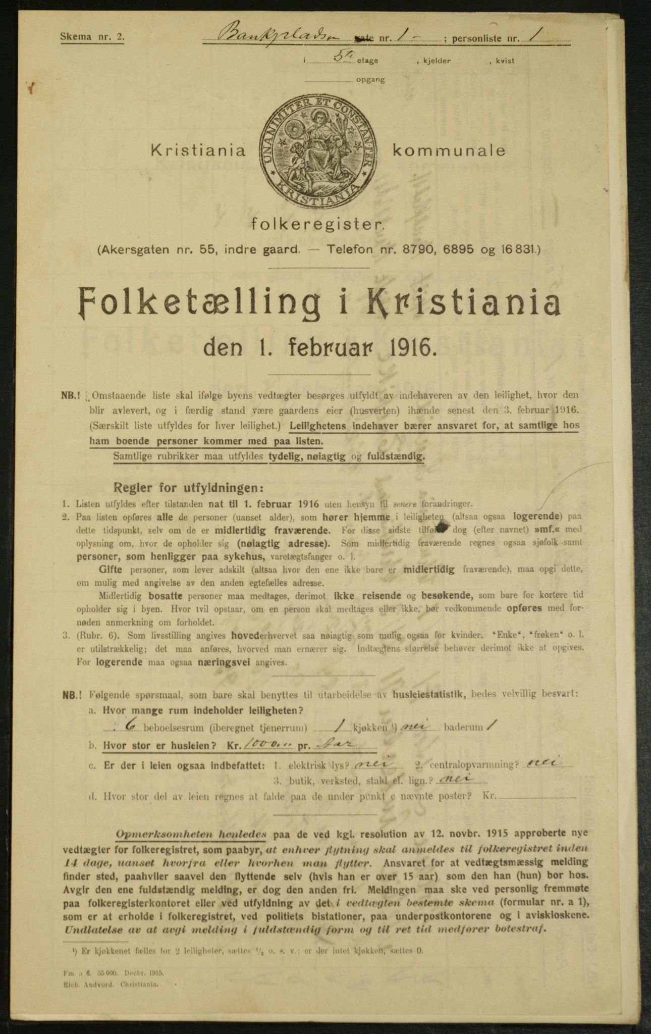 OBA, Municipal Census 1916 for Kristiania, 1916, p. 3415