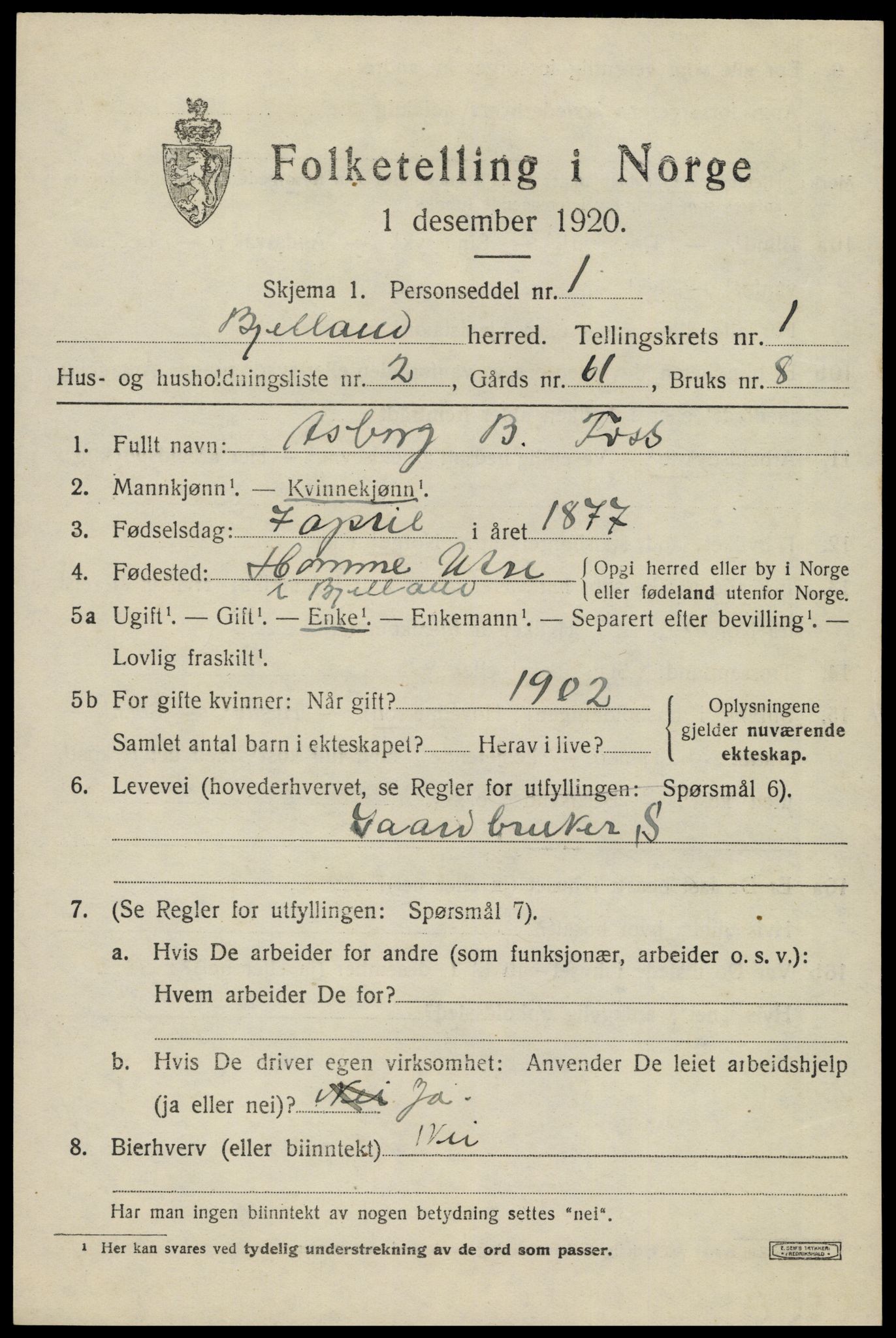 SAK, 1920 census for Bjelland, 1920, p. 423