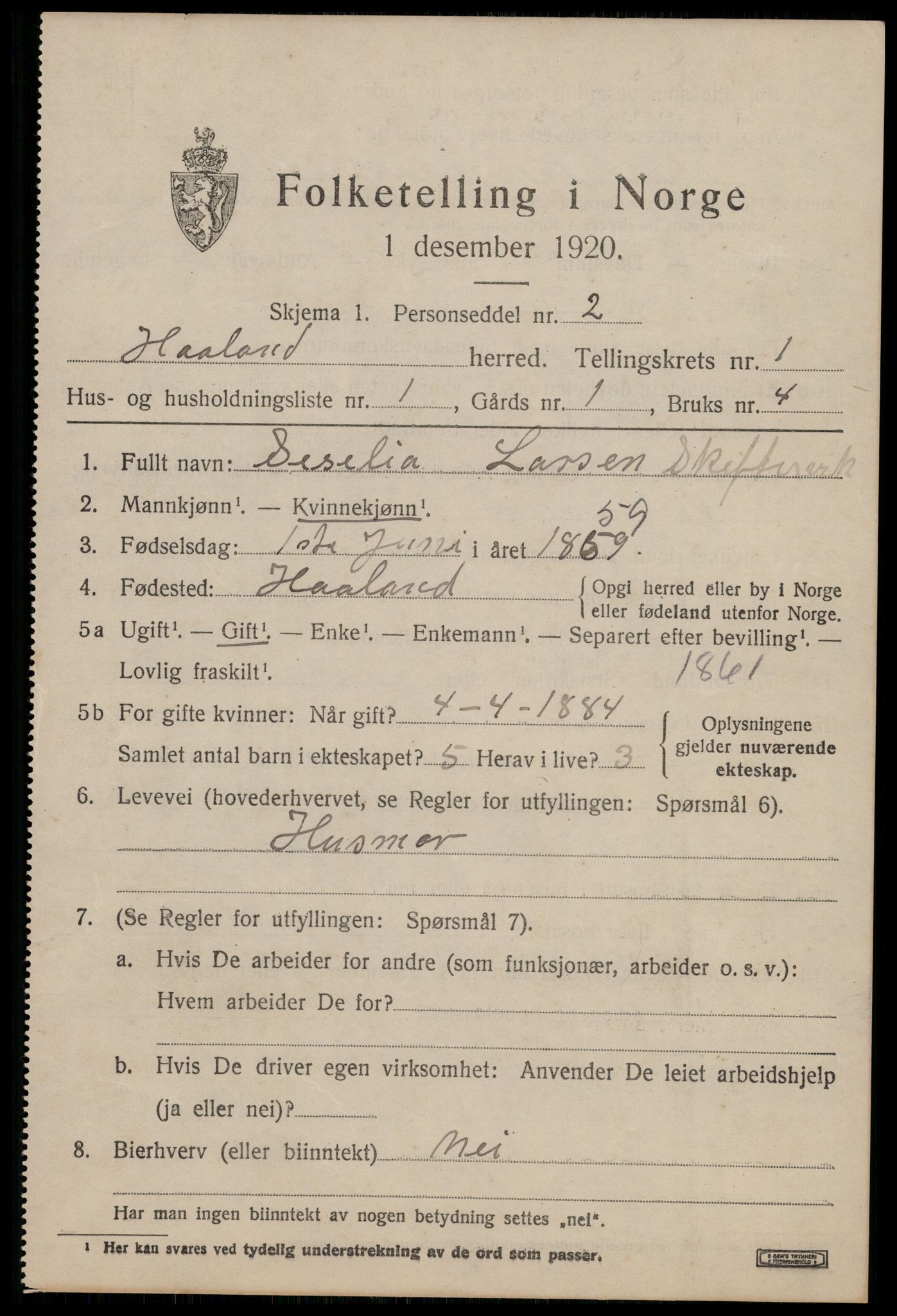 SAST, 1920 census for Håland, 1920, p. 1717