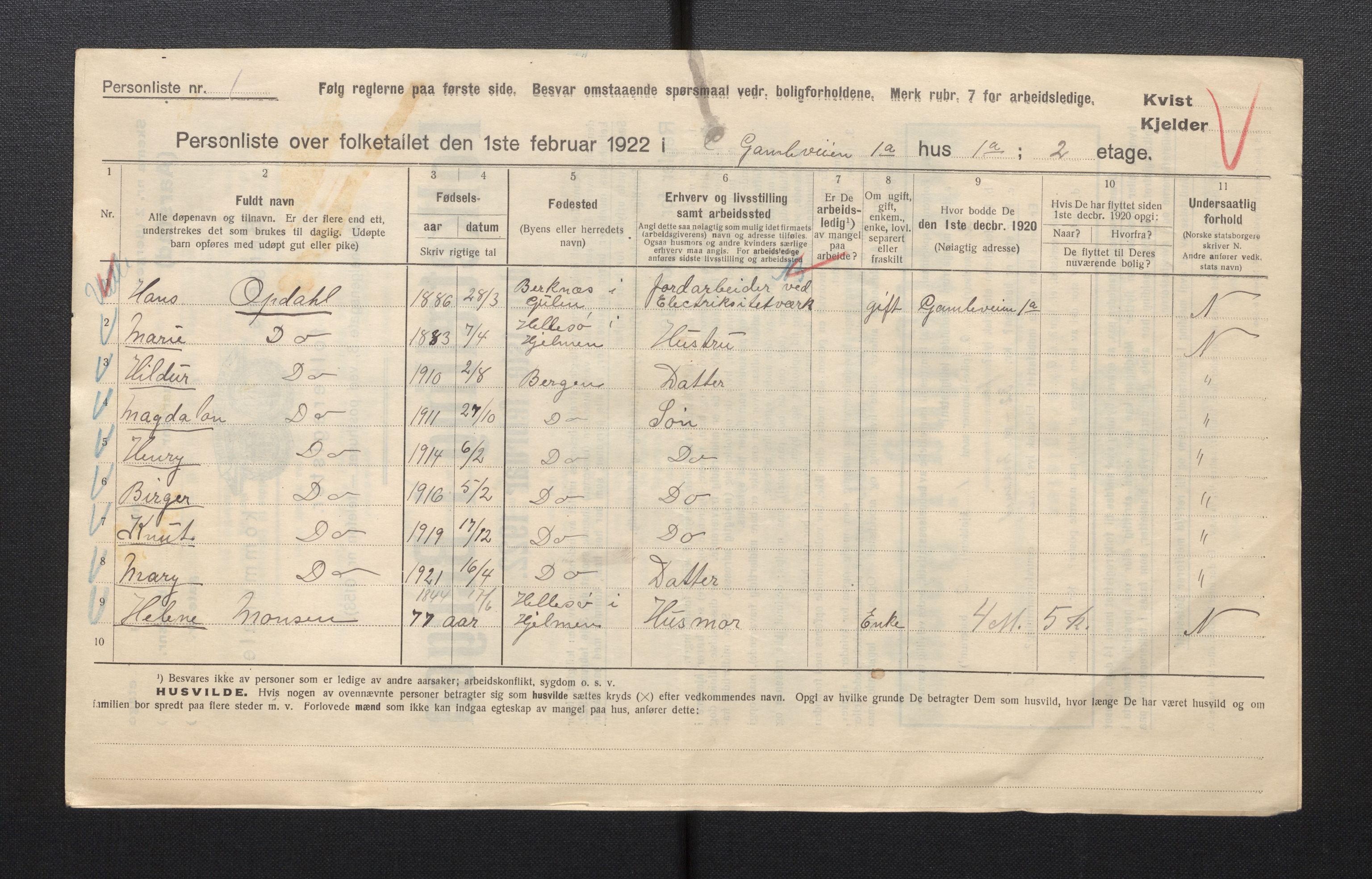 SAB, Municipal Census 1922 for Bergen, 1922, p. 49506