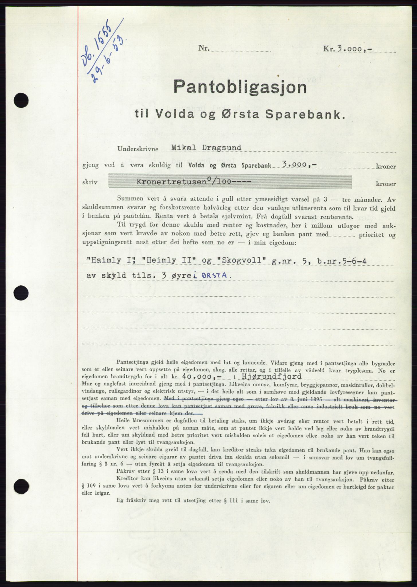 Søre Sunnmøre sorenskriveri, AV/SAT-A-4122/1/2/2C/L0123: Mortgage book no. 11B, 1953-1953, Diary no: : 1555/1953