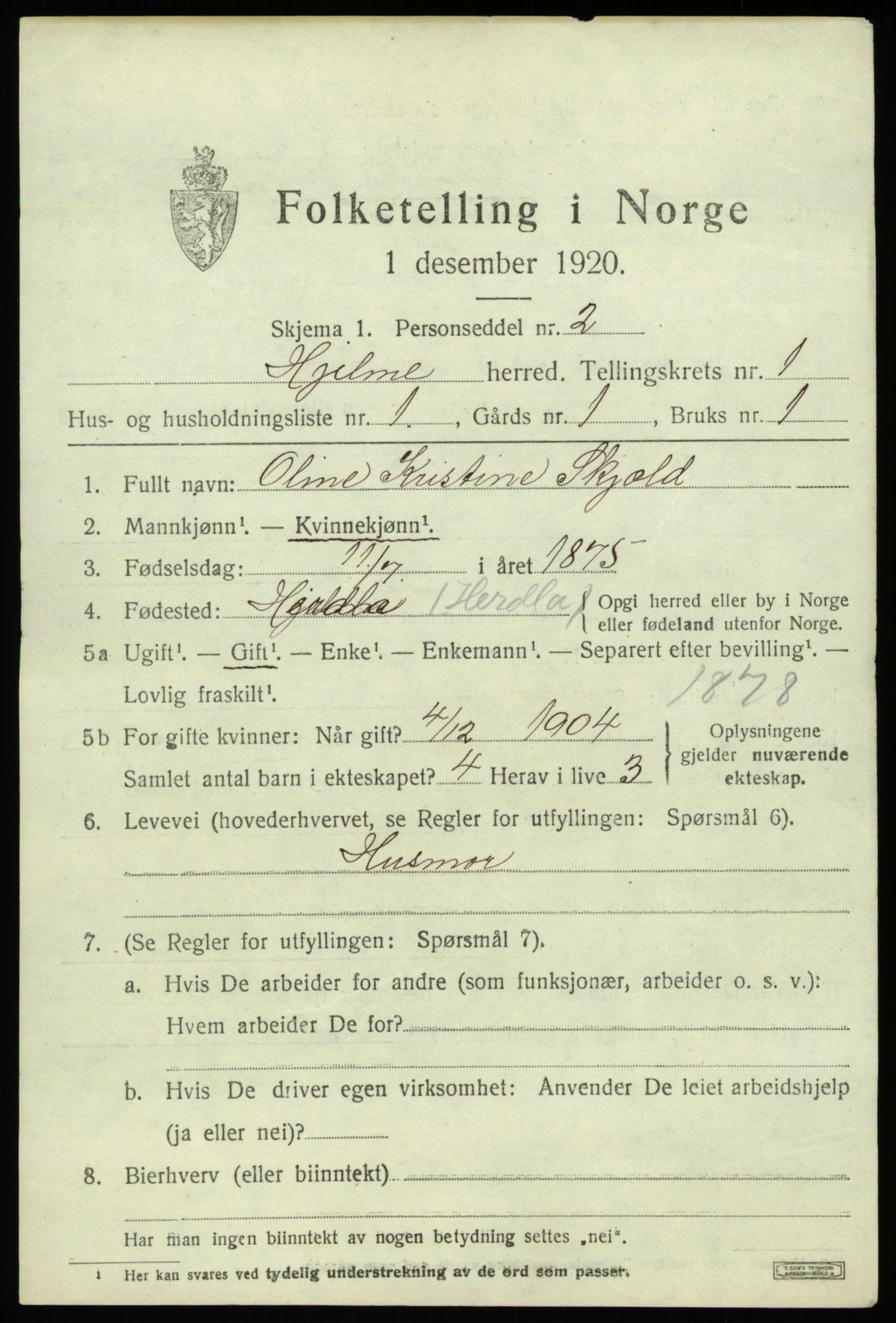 SAB, 1920 census for Hjelme, 1920, p. 356