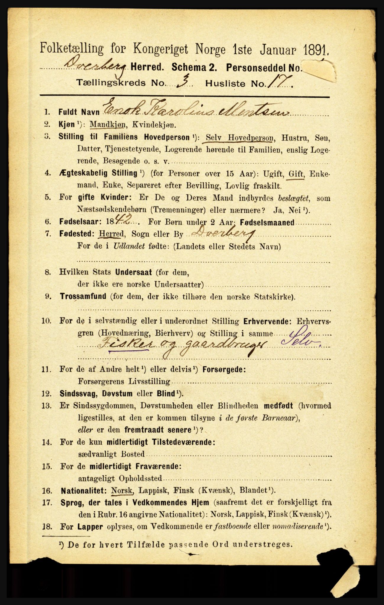 RA, 1891 census for 1872 Dverberg, 1891, p. 1036