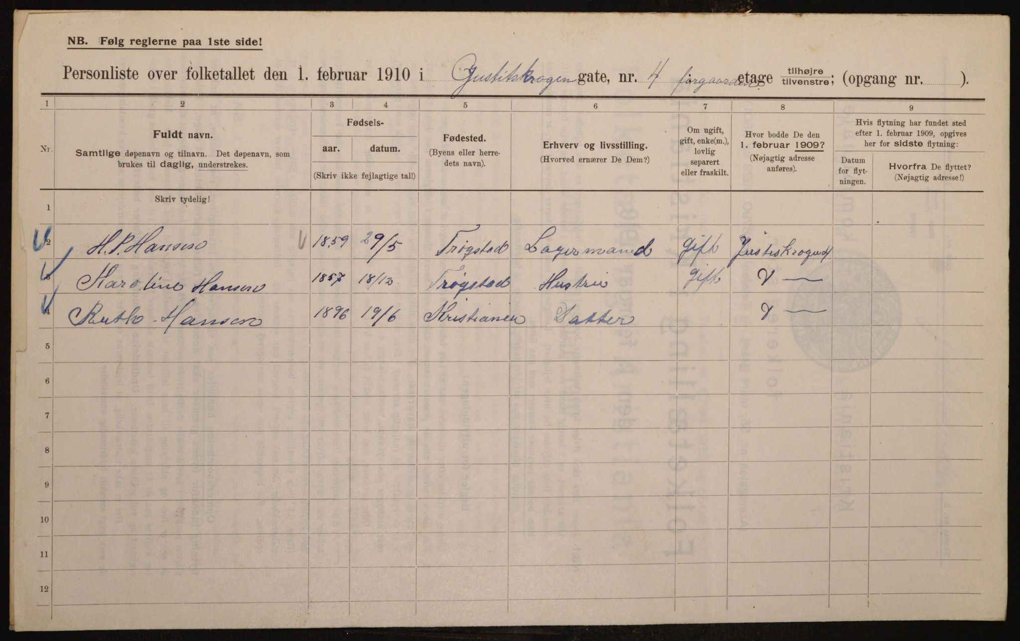 OBA, Municipal Census 1910 for Kristiania, 1910, p. 46309