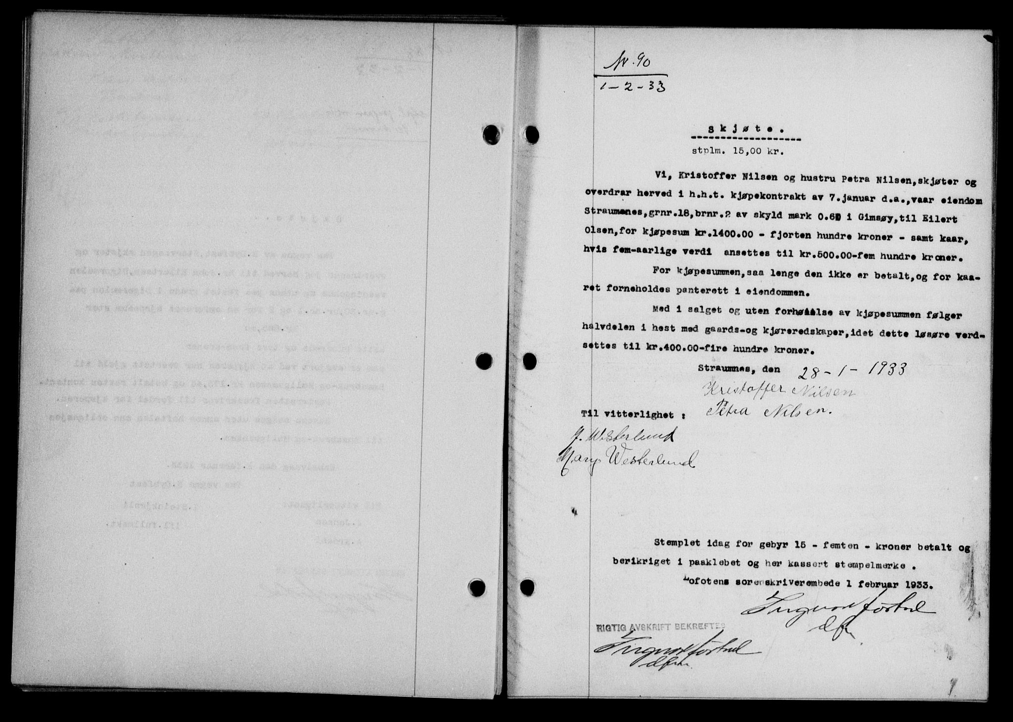 Lofoten sorenskriveri, SAT/A-0017/1/2/2C/L0027b: Mortgage book no. 27b, 1933-1933, Deed date: 01.02.1933