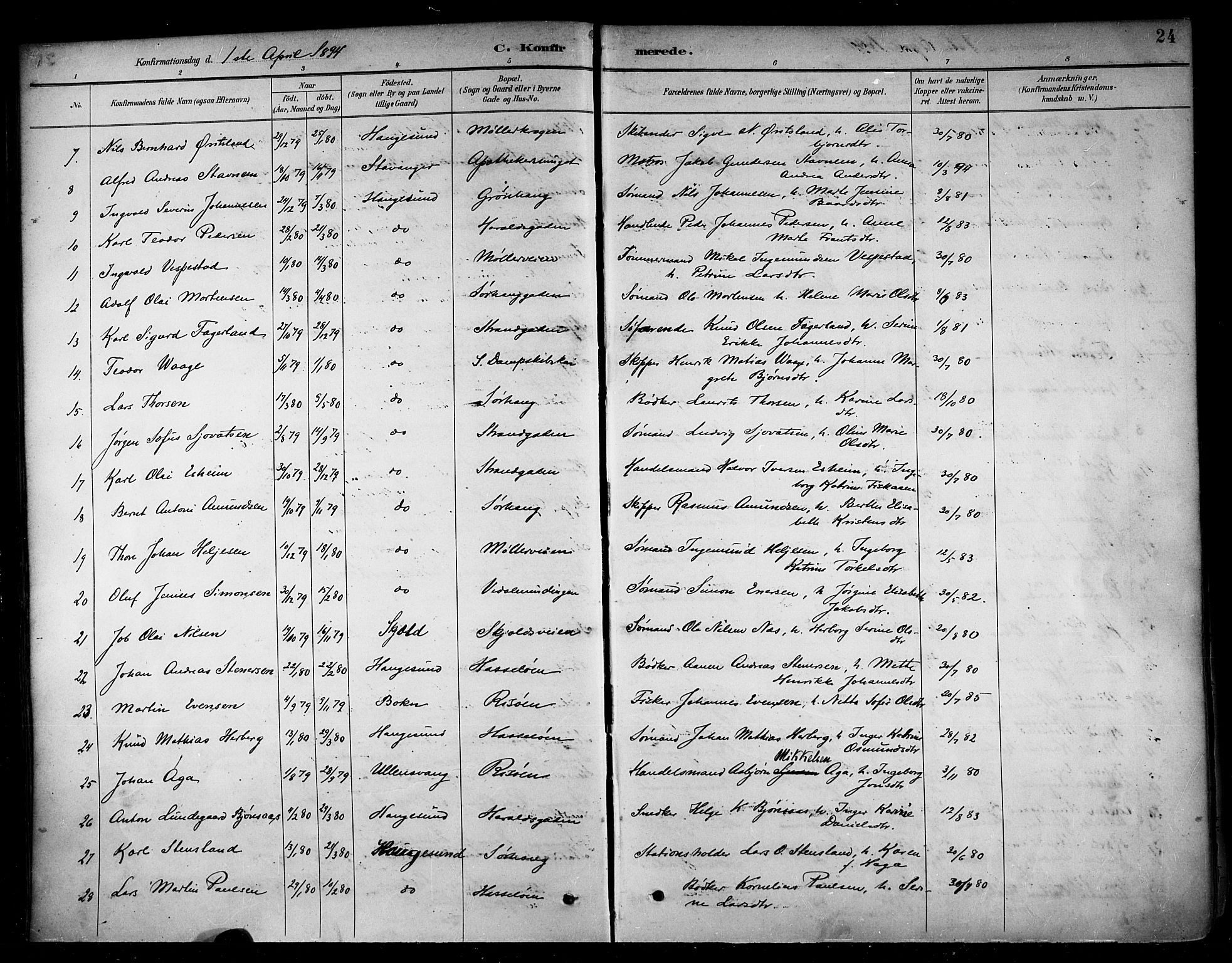 Haugesund sokneprestkontor, AV/SAST-A -101863/H/Ha/Haa/L0005: Parish register (official) no. A 5, 1891-1903, p. 24