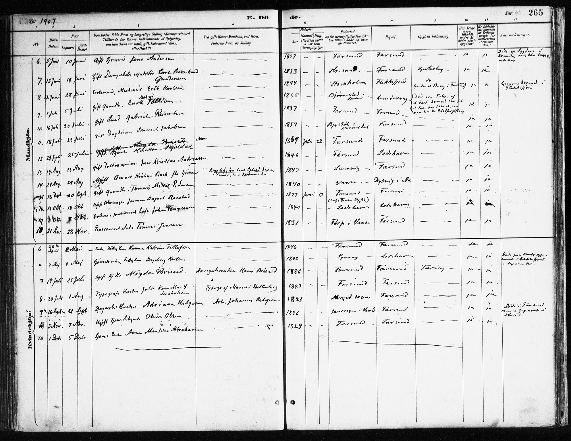 Farsund sokneprestkontor, SAK/1111-0009/F/Fa/L0006: Parish register (official) no. A 6, 1887-1920, p. 265