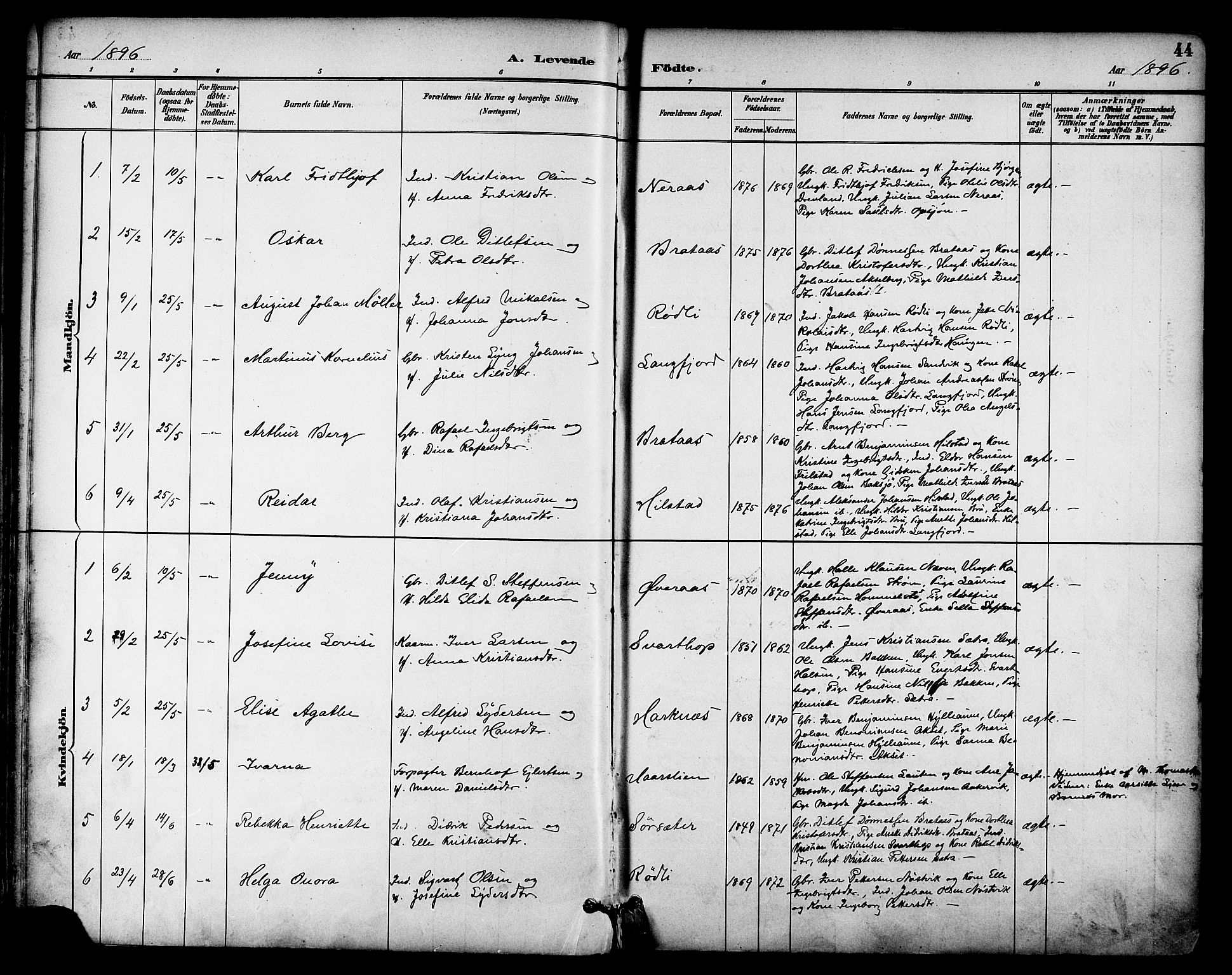 Ministerialprotokoller, klokkerbøker og fødselsregistre - Nordland, AV/SAT-A-1459/814/L0226: Parish register (official) no. 814A07, 1886-1898, p. 44