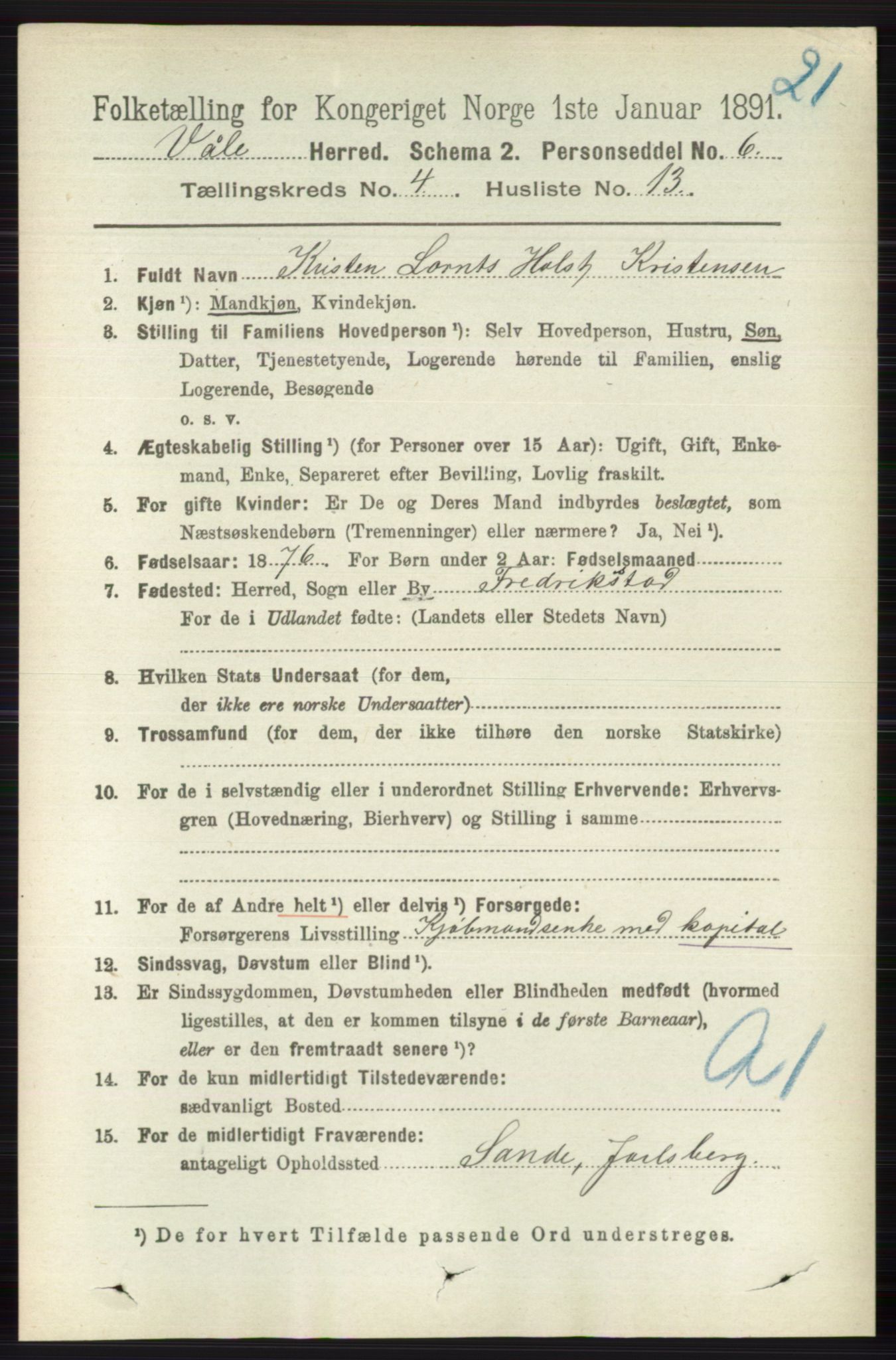 RA, 1891 census for 0716 Våle, 1891, p. 1063