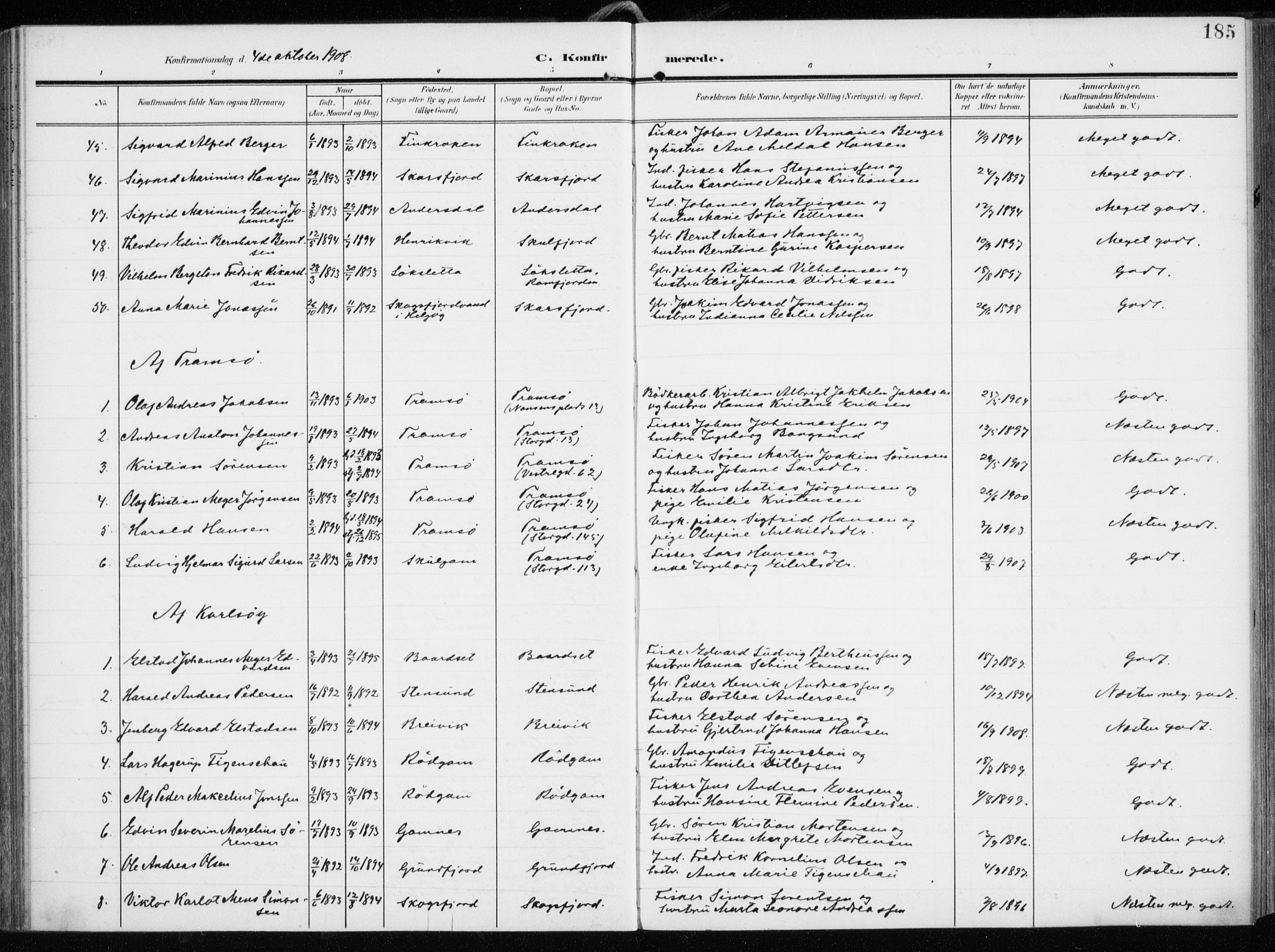 Tromsøysund sokneprestkontor, AV/SATØ-S-1304/G/Ga/L0007kirke: Parish register (official) no. 7, 1907-1914, p. 185