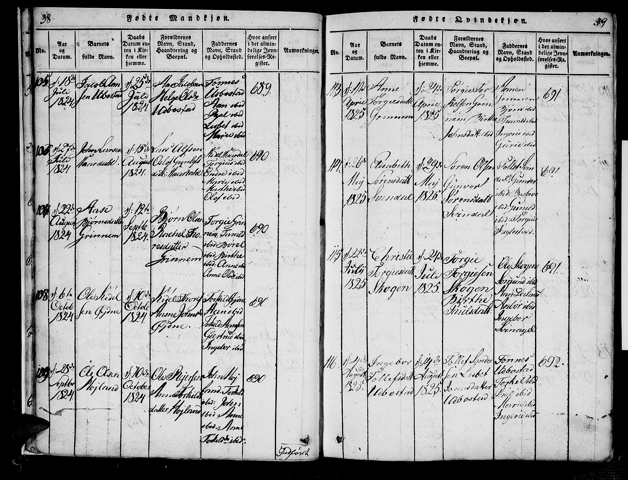 Bjelland sokneprestkontor, SAK/1111-0005/F/Fa/Fac/L0001: Parish register (official) no. A 1, 1815-1866, p. 38-39