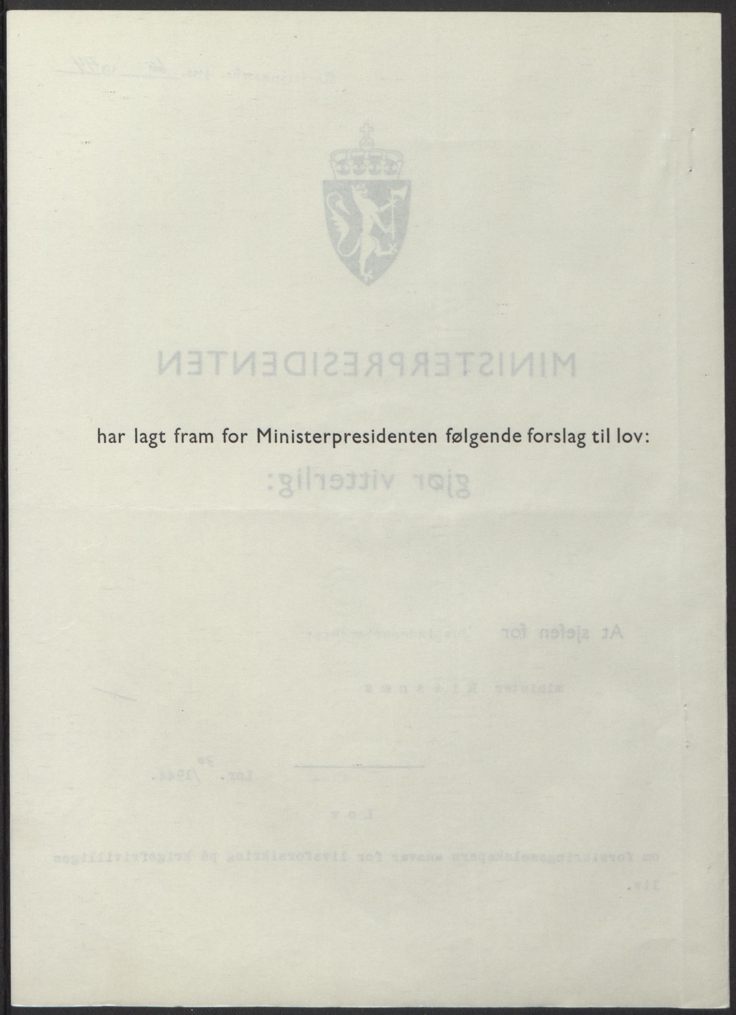 NS-administrasjonen 1940-1945 (Statsrådsekretariatet, de kommisariske statsråder mm), AV/RA-S-4279/D/Db/L0100: Lover, 1944, p. 143