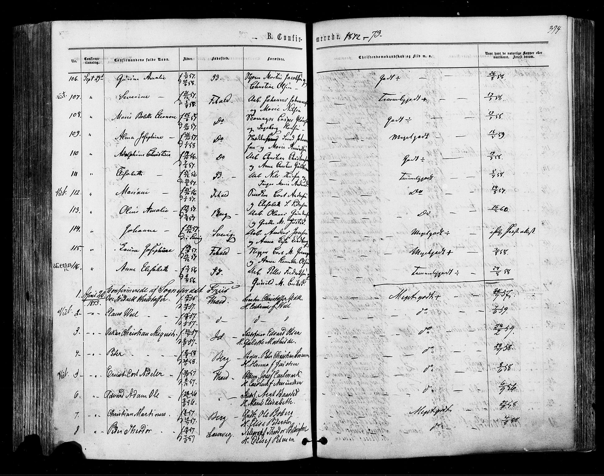 Halden prestekontor Kirkebøker, SAO/A-10909/F/Fa/L0009: Parish register (official) no. I 9, 1866-1877, p. 374
