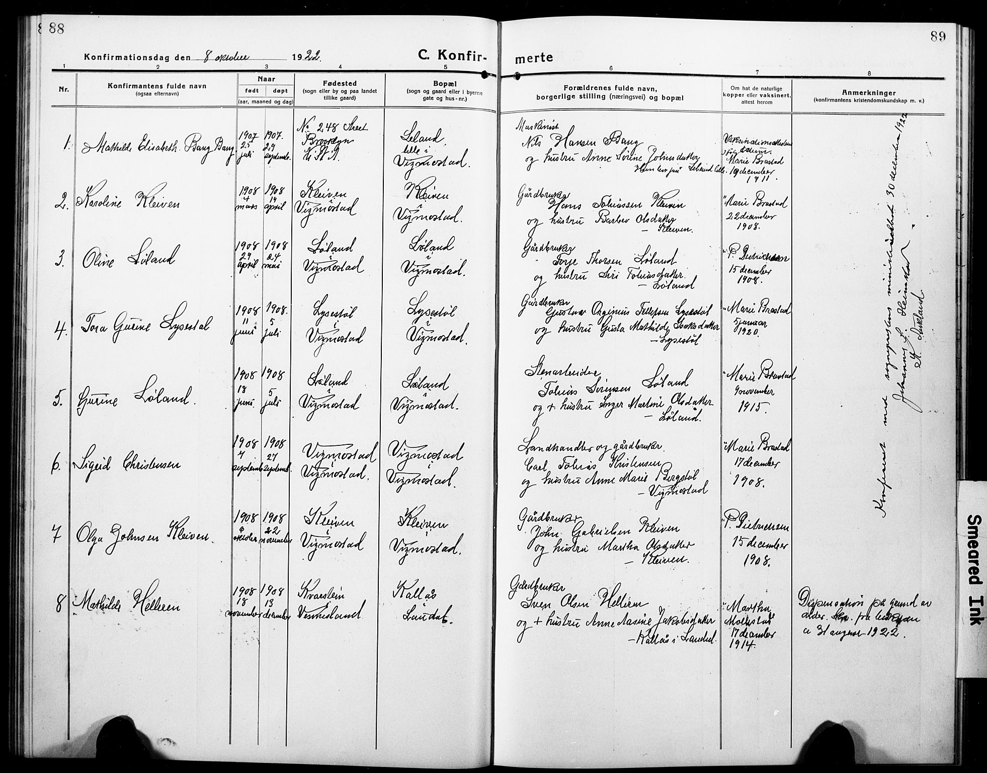 Nord-Audnedal sokneprestkontor, SAK/1111-0032/F/Fb/Fbb/L0005: Parish register (copy) no. B 5, 1918-1929, p. 88-89