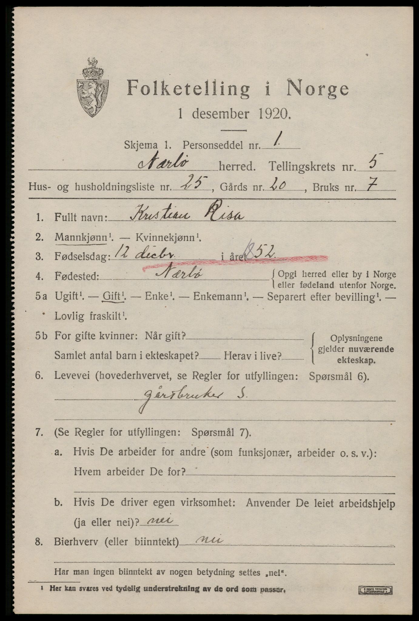 SAST, 1920 census for Nærbø, 1920, p. 3601