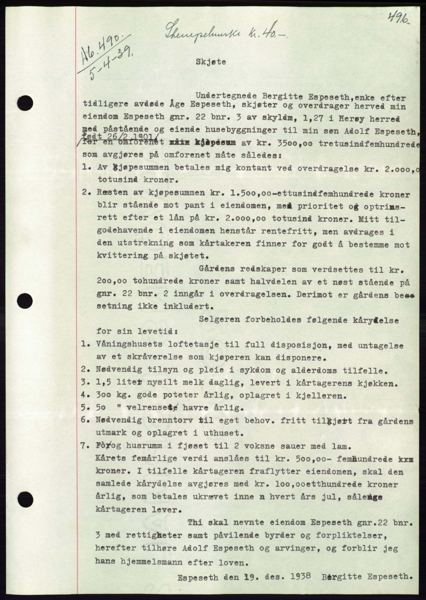 Søre Sunnmøre sorenskriveri, AV/SAT-A-4122/1/2/2C/L0067: Mortgage book no. 61, 1938-1939, Diary no: : 490/1939