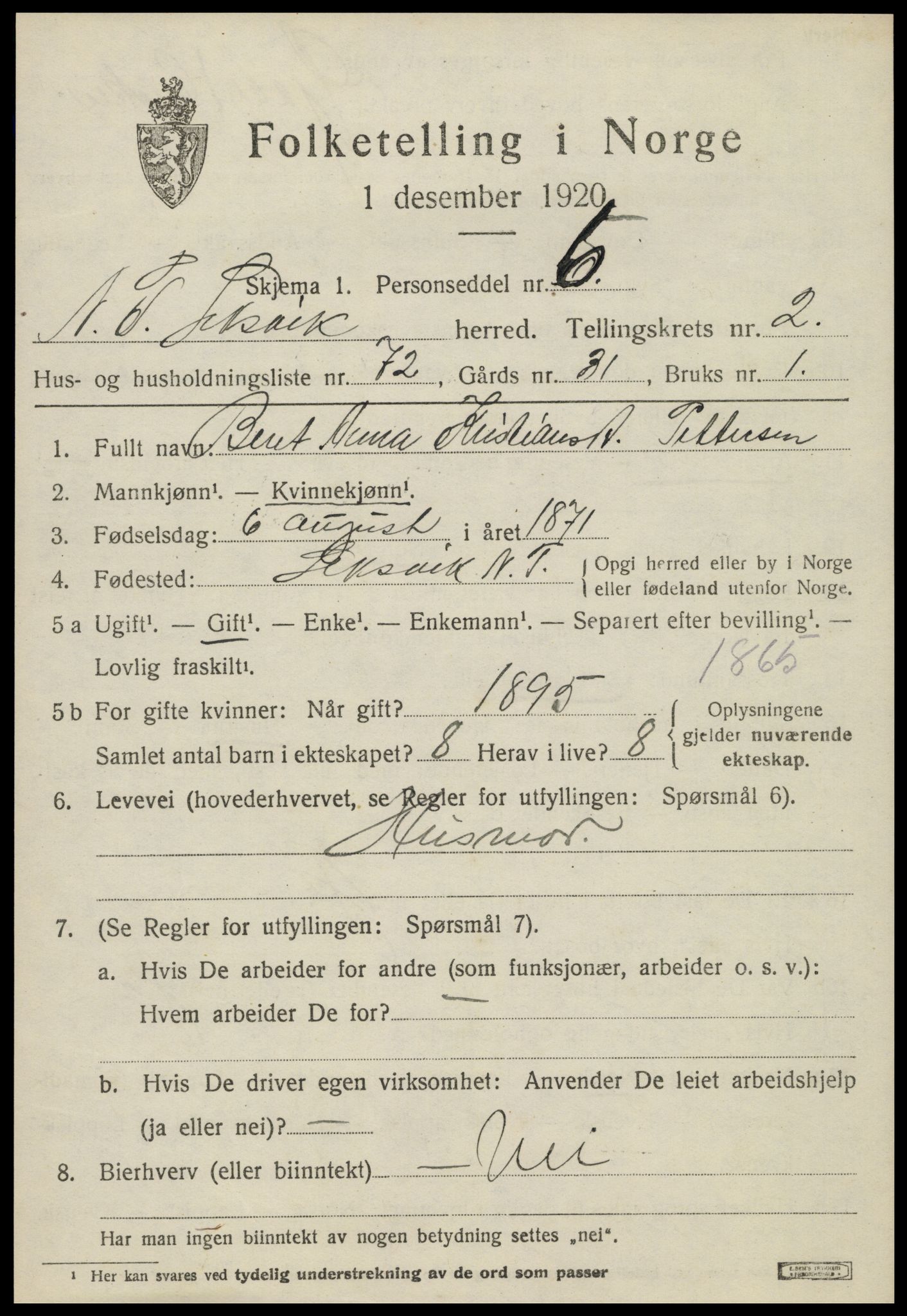 SAT, 1920 census for Leksvik, 1920, p. 2552