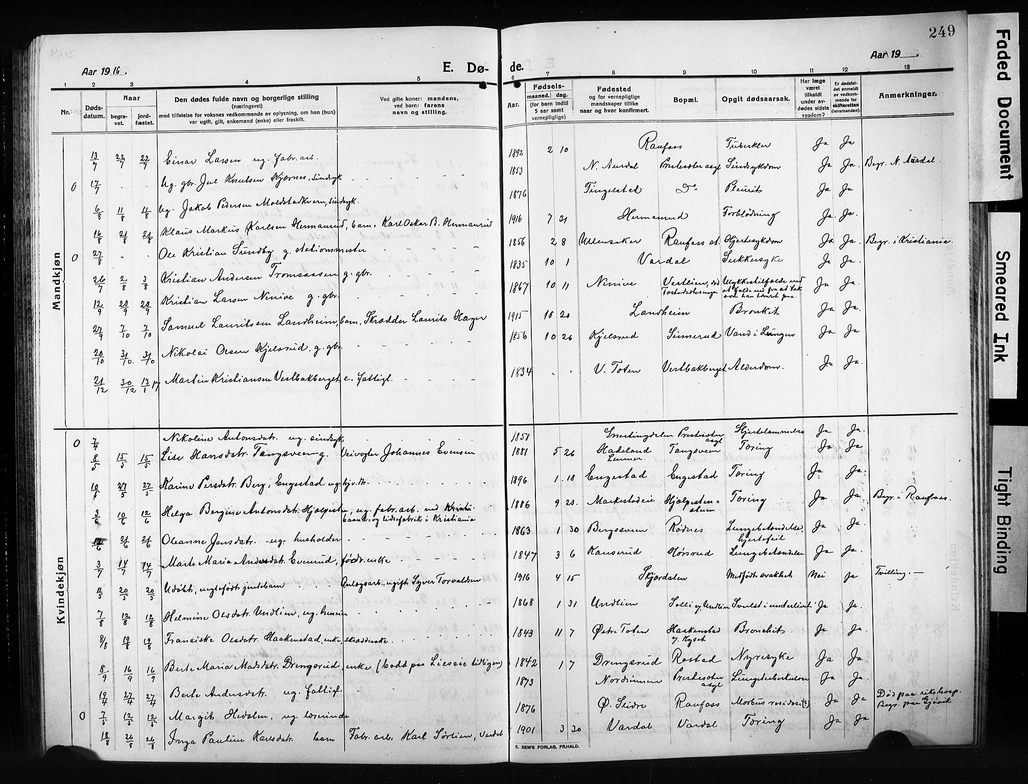 Vestre Toten prestekontor, SAH/PREST-108/H/Ha/Hab/L0012: Parish register (copy) no. 12, 1909-1928, p. 249