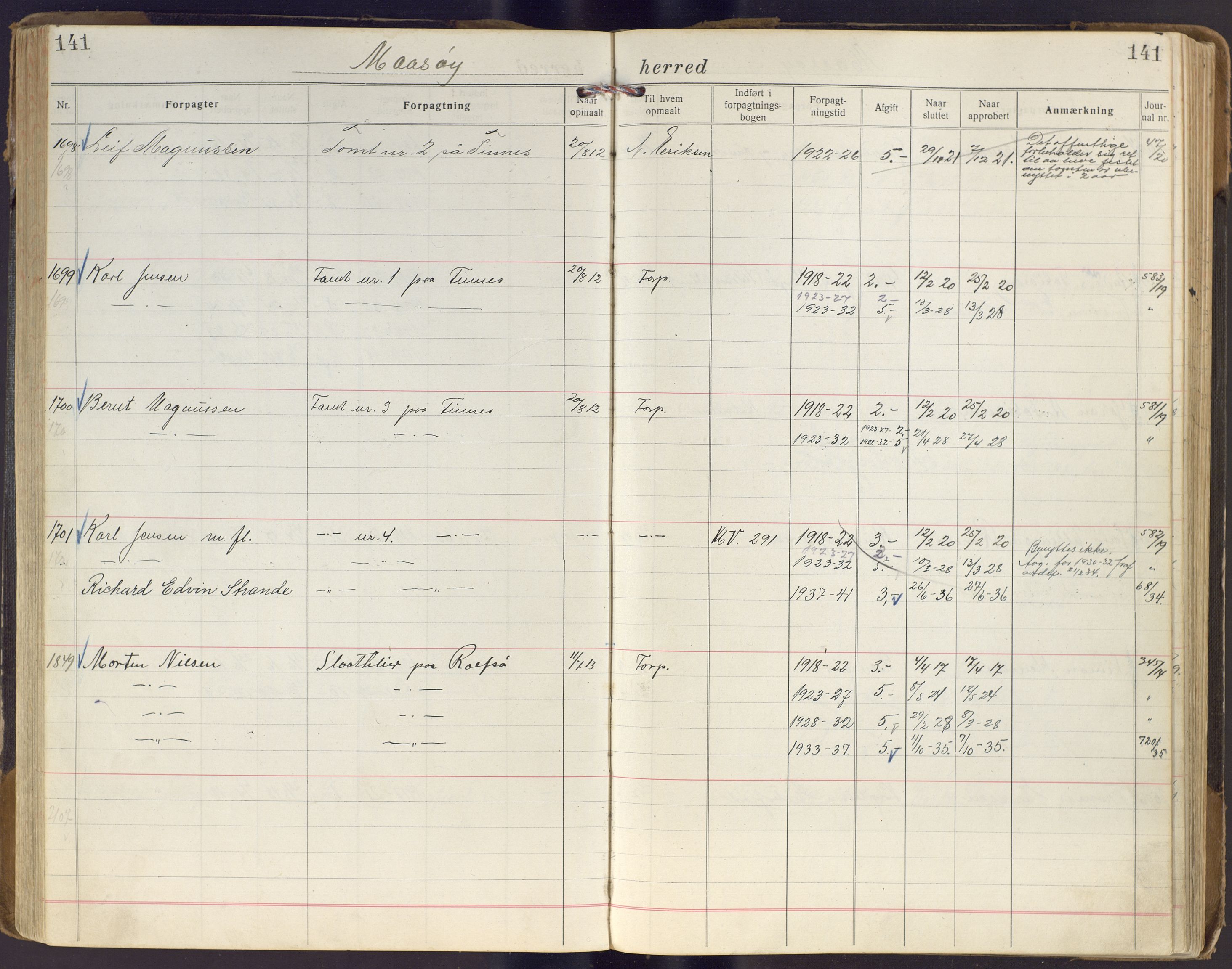 Finnmark jordsalgskommisjon/jordsalgskontor og Statskog SF Finnmark jordsalgskontor, AV/SATØ-S-1443/J/Ja/L0005: Forpaktningsbok for Finnmark I, 1913-1937, p. 141