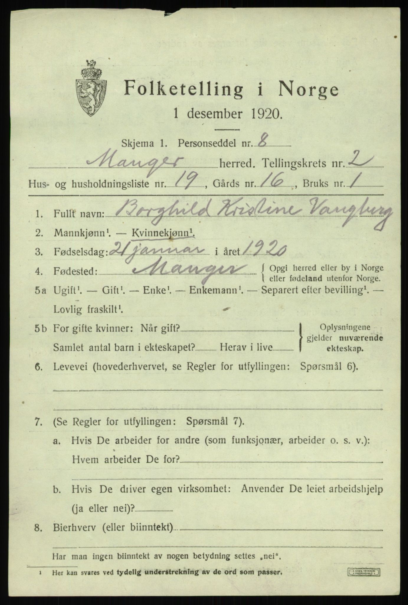 SAB, 1920 census for Manger, 1920, p. 2209