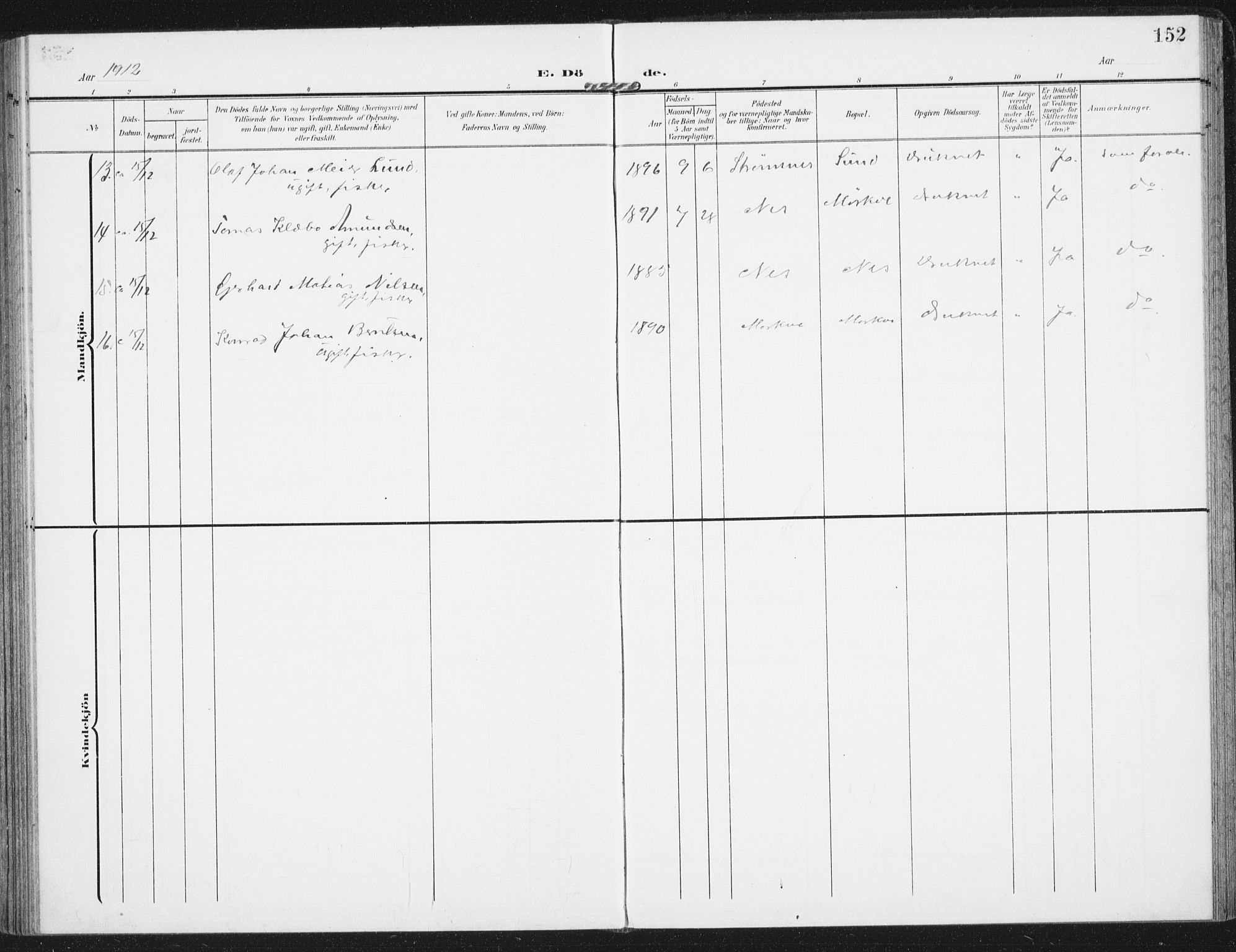 Ministerialprotokoller, klokkerbøker og fødselsregistre - Nordland, AV/SAT-A-1459/885/L1206: Parish register (official) no. 885A07, 1905-1915, p. 152