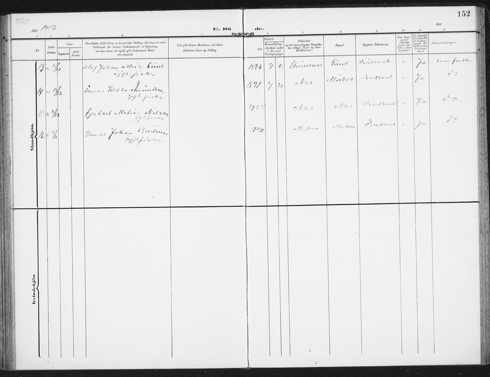 Ministerialprotokoller, klokkerbøker og fødselsregistre - Nordland, SAT/A-1459/885/L1206: Parish register (official) no. 885A07, 1905-1915, p. 152