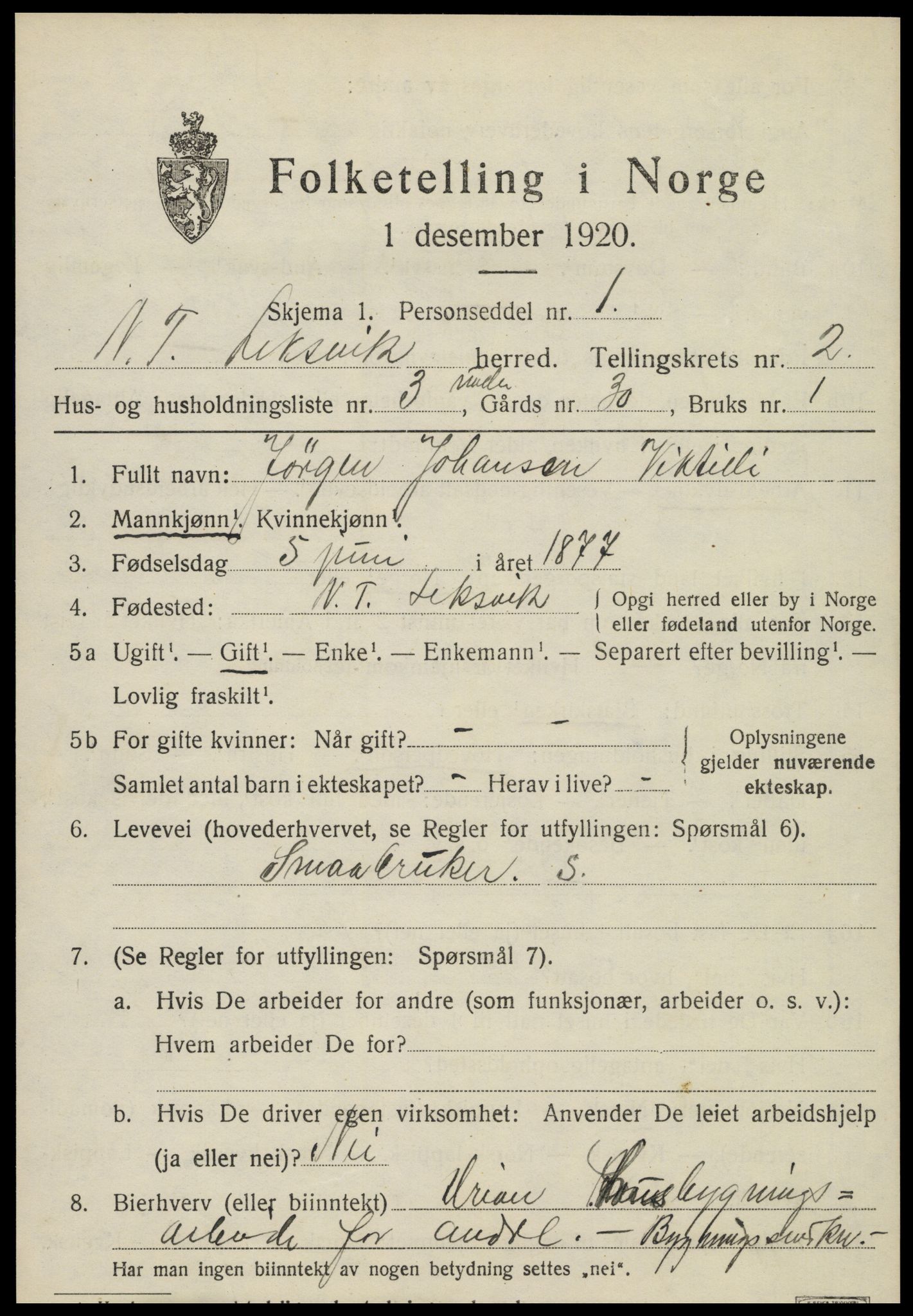 SAT, 1920 census for Leksvik, 1920, p. 1838