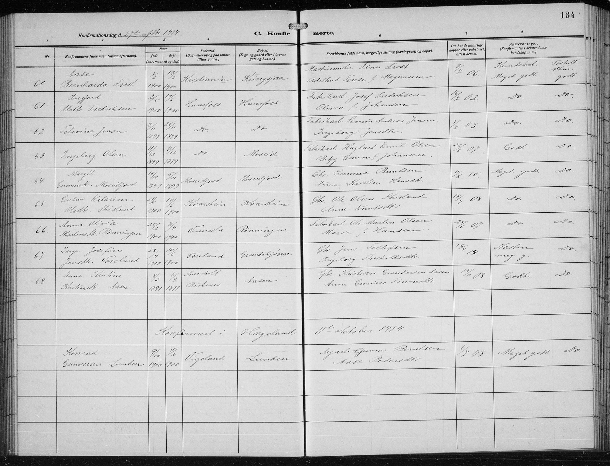 Vennesla sokneprestkontor, AV/SAK-1111-0045/Fb/Fbb/L0006: Parish register (copy) no. B 6, 1914-1921, p. 134