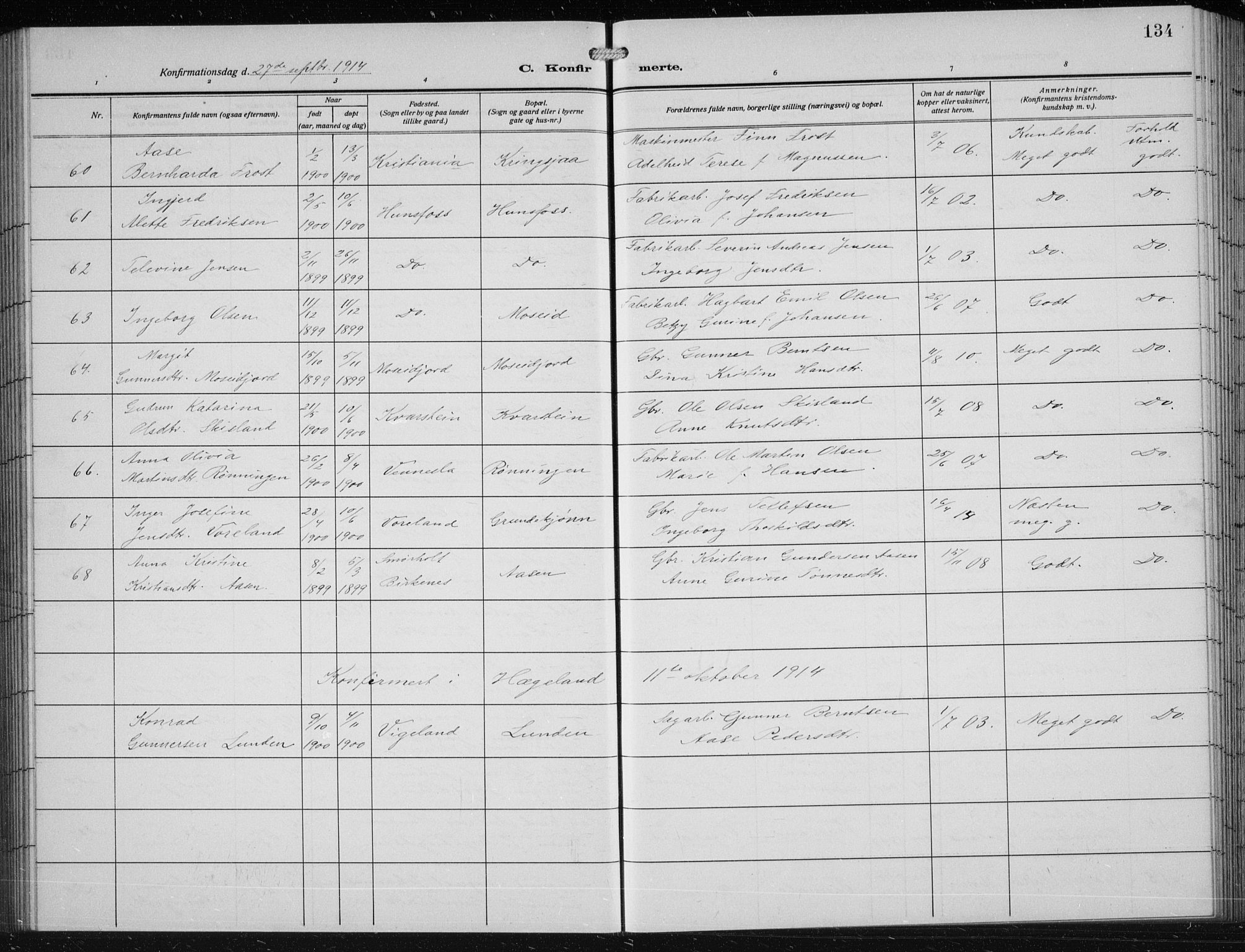 Vennesla sokneprestkontor, SAK/1111-0045/Fb/Fbb/L0006: Parish register (copy) no. B 6, 1914-1921, p. 134