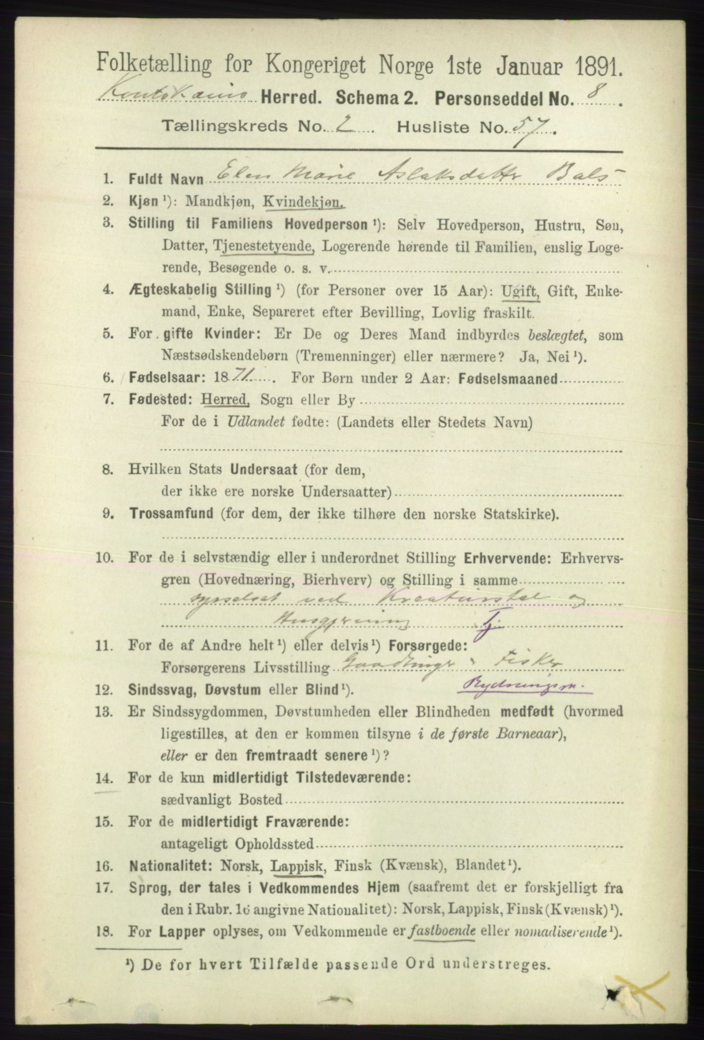 RA, 1891 census for 2011 Kautokeino, 1891, p. 645