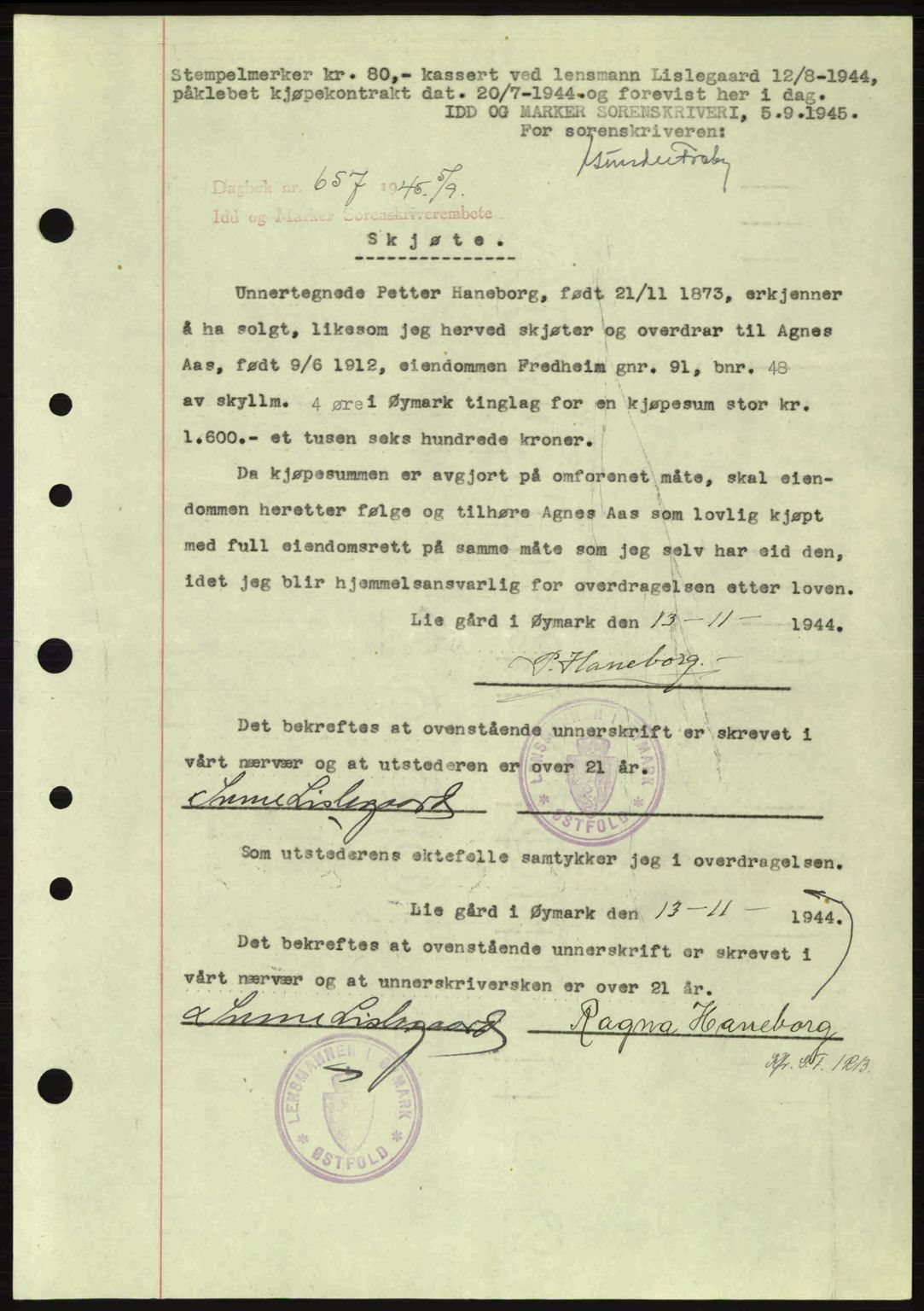 Idd og Marker sorenskriveri, AV/SAO-A-10283/G/Gb/Gbb/L0007: Mortgage book no. A7, 1944-1945, Diary no: : 657/1945