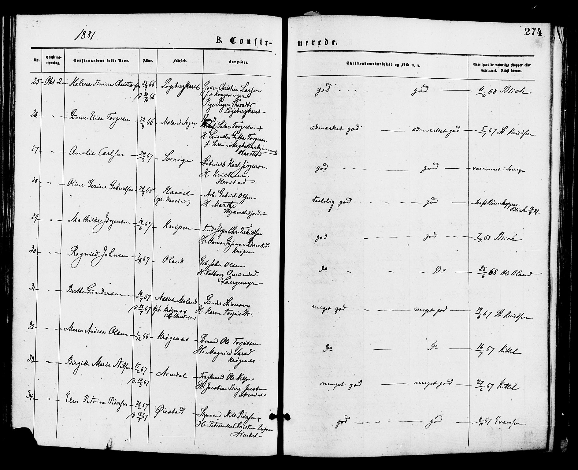 Barbu sokneprestkontor, AV/SAK-1111-0003/F/Fa/L0001: Parish register (official) no. A 1 /1, 1878-1883, p. 274