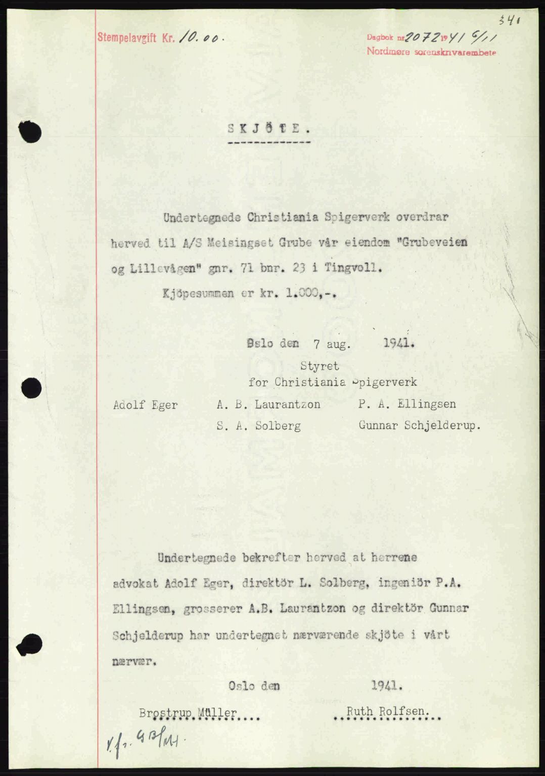 Nordmøre sorenskriveri, AV/SAT-A-4132/1/2/2Ca: Mortgage book no. A91, 1941-1942, Diary no: : 2072/1941