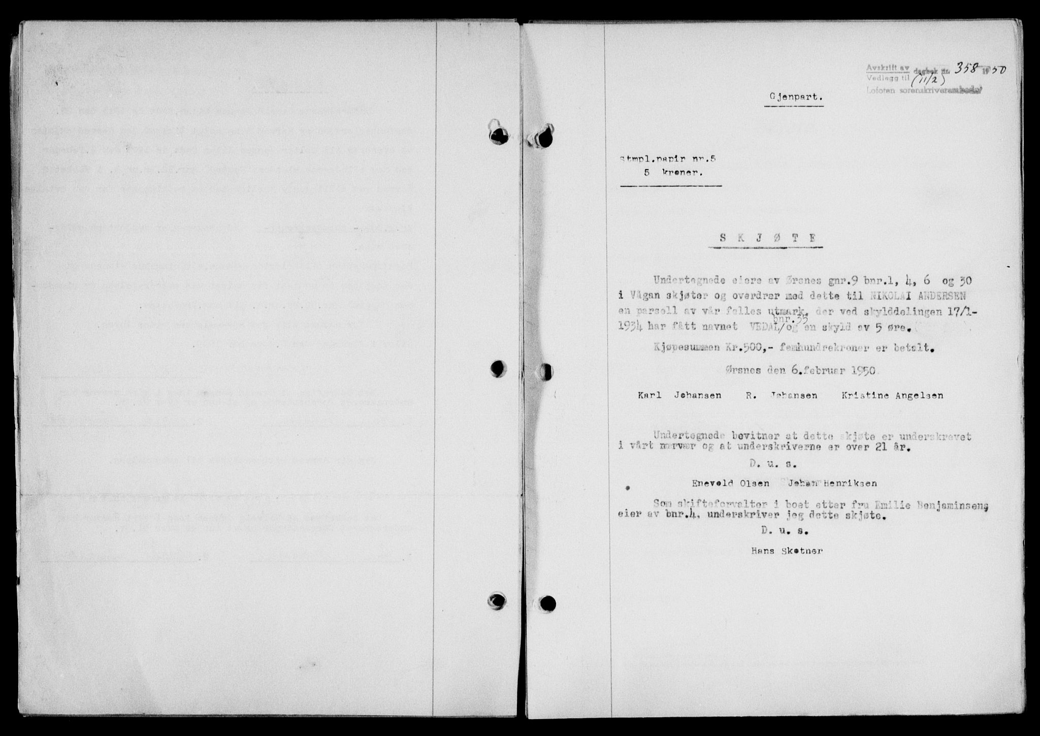 Lofoten sorenskriveri, SAT/A-0017/1/2/2C/L0023a: Mortgage book no. 23a, 1950-1950, Diary no: : 358/1950