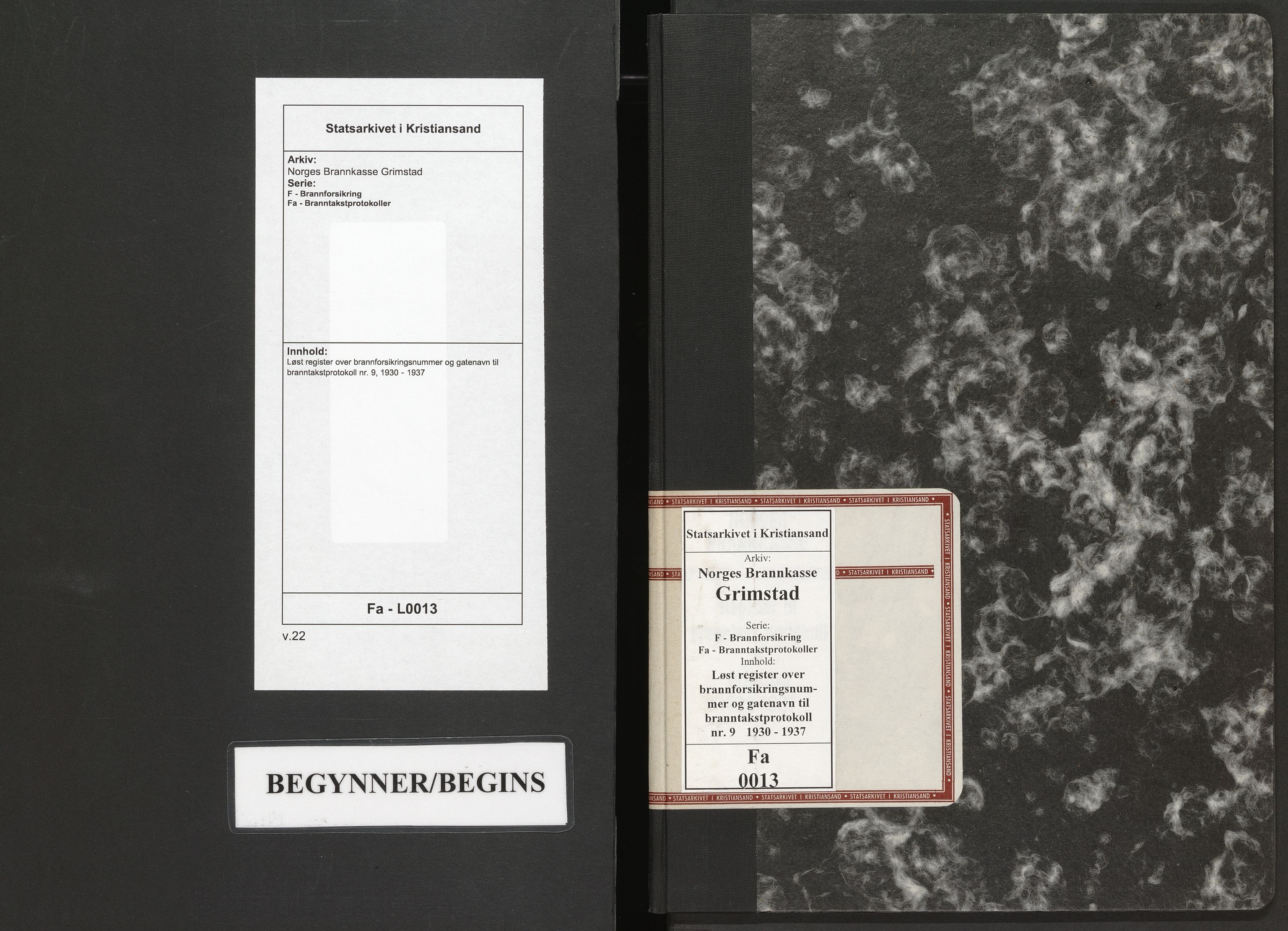 Norges Brannkasse Grimstad, AV/SAK-2241-0018/F/Fa/L0013: Løst register over brannforsikringsnummer og gatenavn til branntakstprotokoll nr. 9, 1930-1937