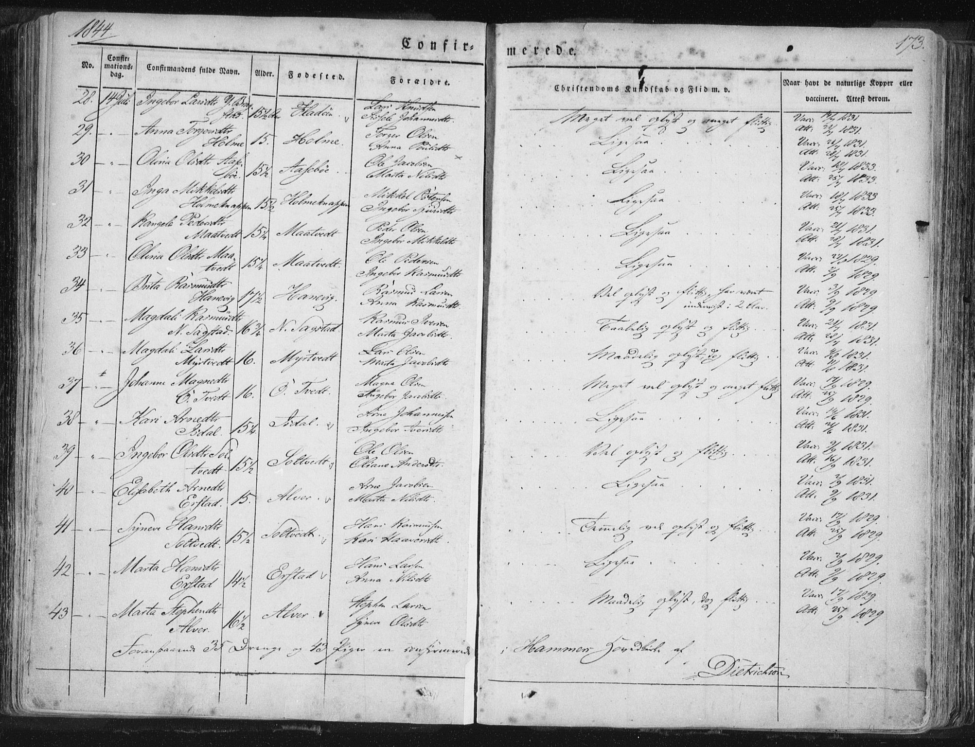 Hamre sokneprestembete, AV/SAB-A-75501/H/Ha/Haa/Haaa/L0012: Parish register (official) no. A 12, 1834-1845, p. 173