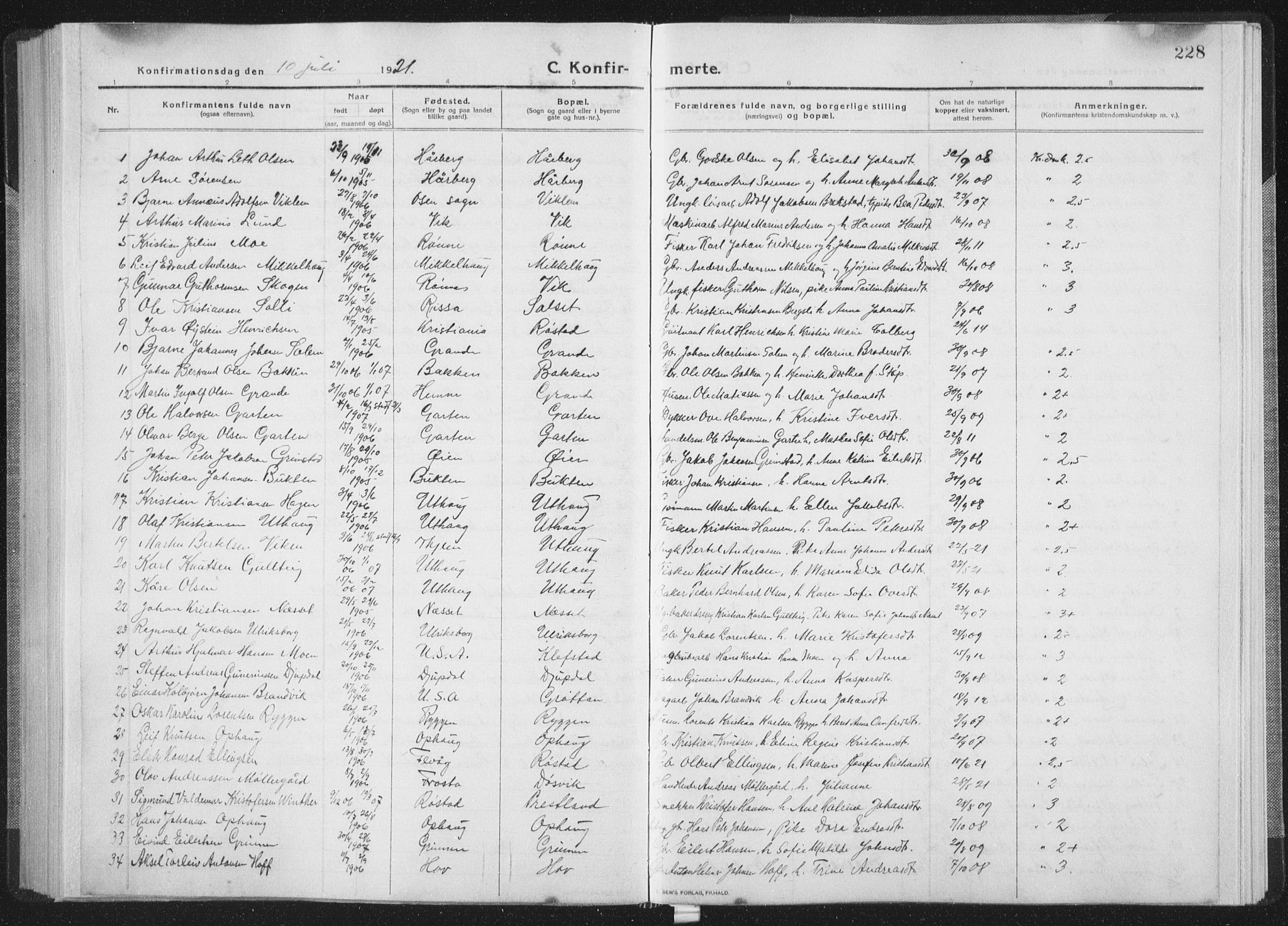 Ministerialprotokoller, klokkerbøker og fødselsregistre - Sør-Trøndelag, SAT/A-1456/659/L0747: Parish register (copy) no. 659C04, 1913-1938, p. 228