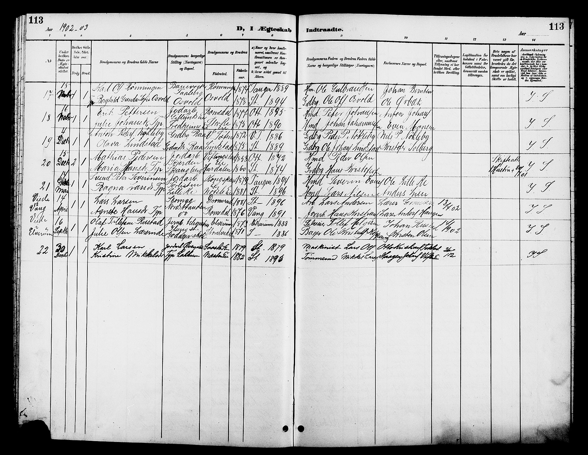 Stange prestekontor, AV/SAH-PREST-002/L/L0012: Parish register (copy) no. 12, 1900-1908, p. 113