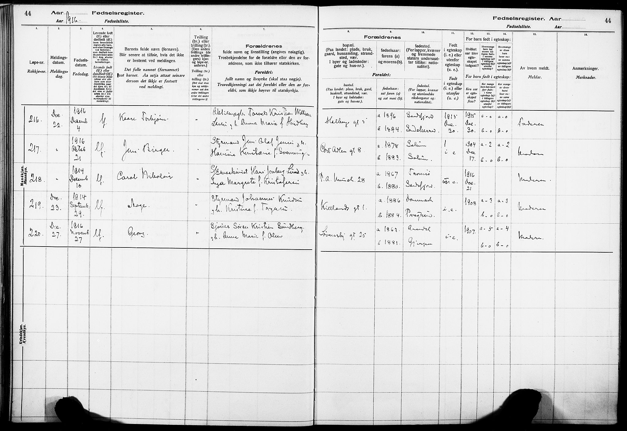 Skien kirkebøker, AV/SAKO-A-302/J/Ja/L0001: Birth register no. 1, 1916-1920, p. 44