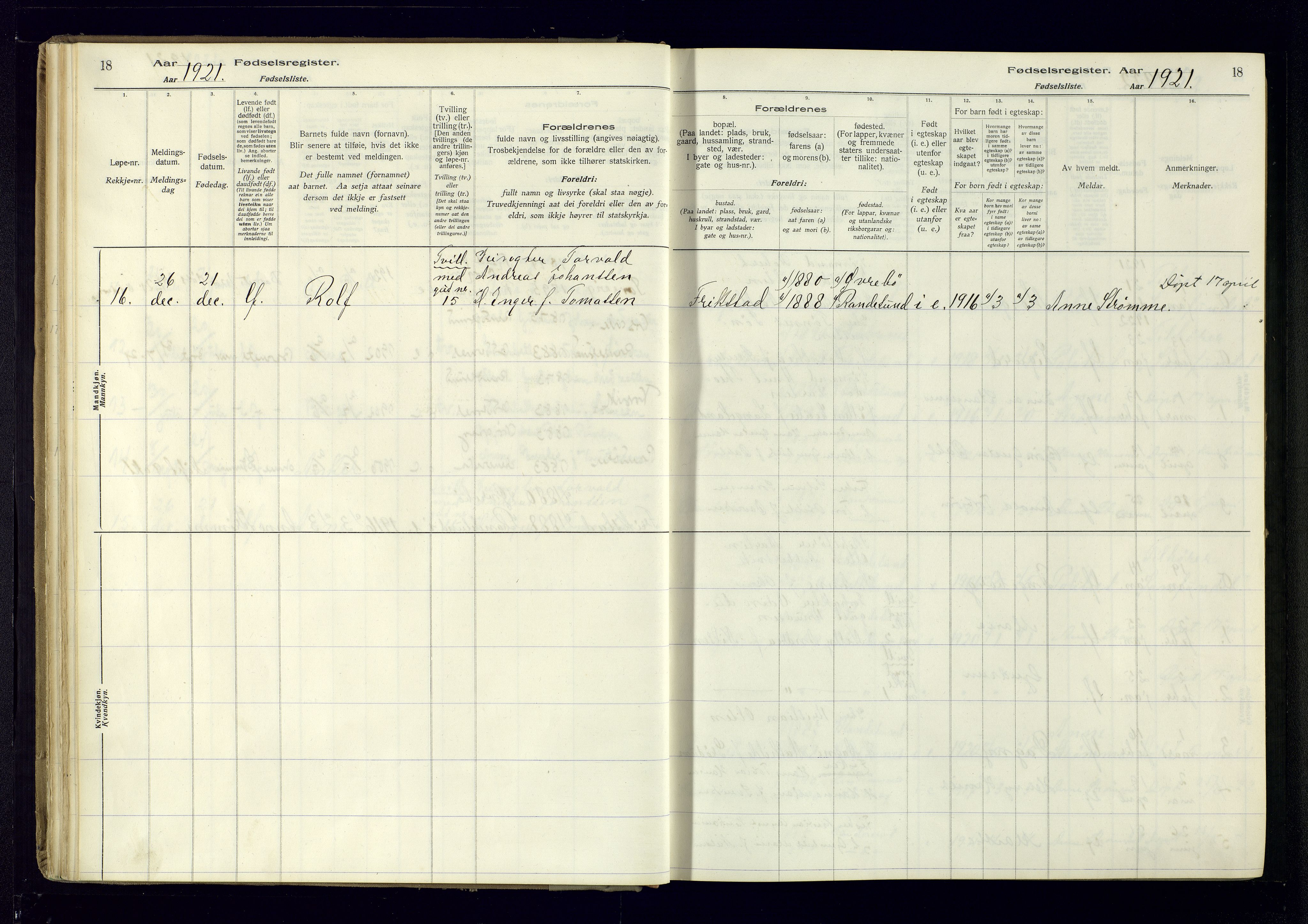 Oddernes sokneprestkontor, AV/SAK-1111-0033/J/Ja/L0007: Birth register no. 7, 1916-1971, p. 18