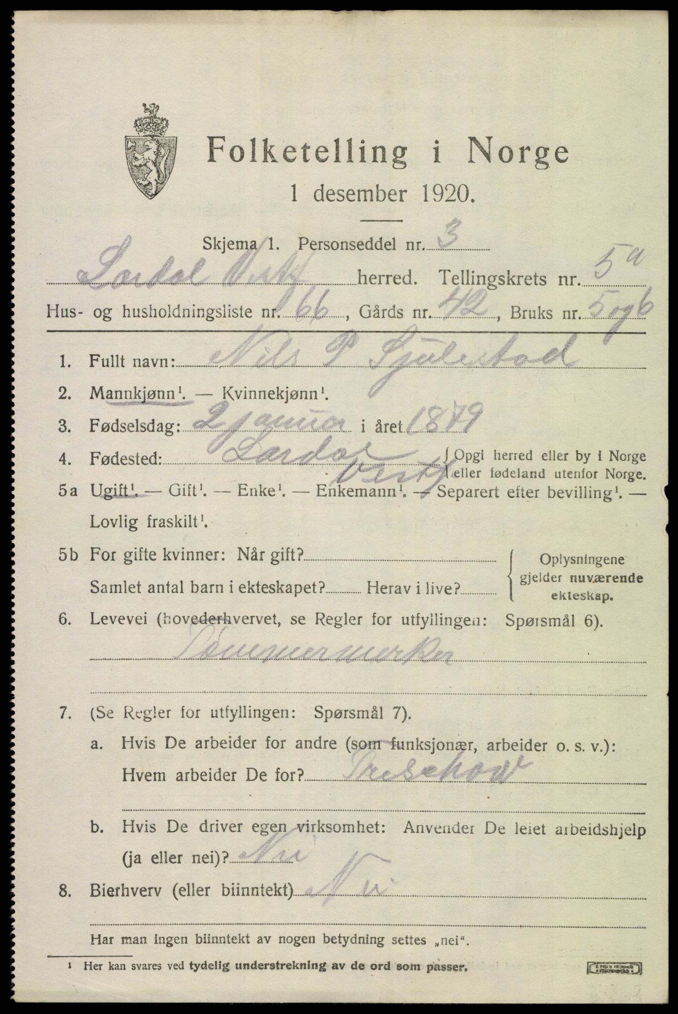 SAKO, 1920 census for Lardal, 1920, p. 5193