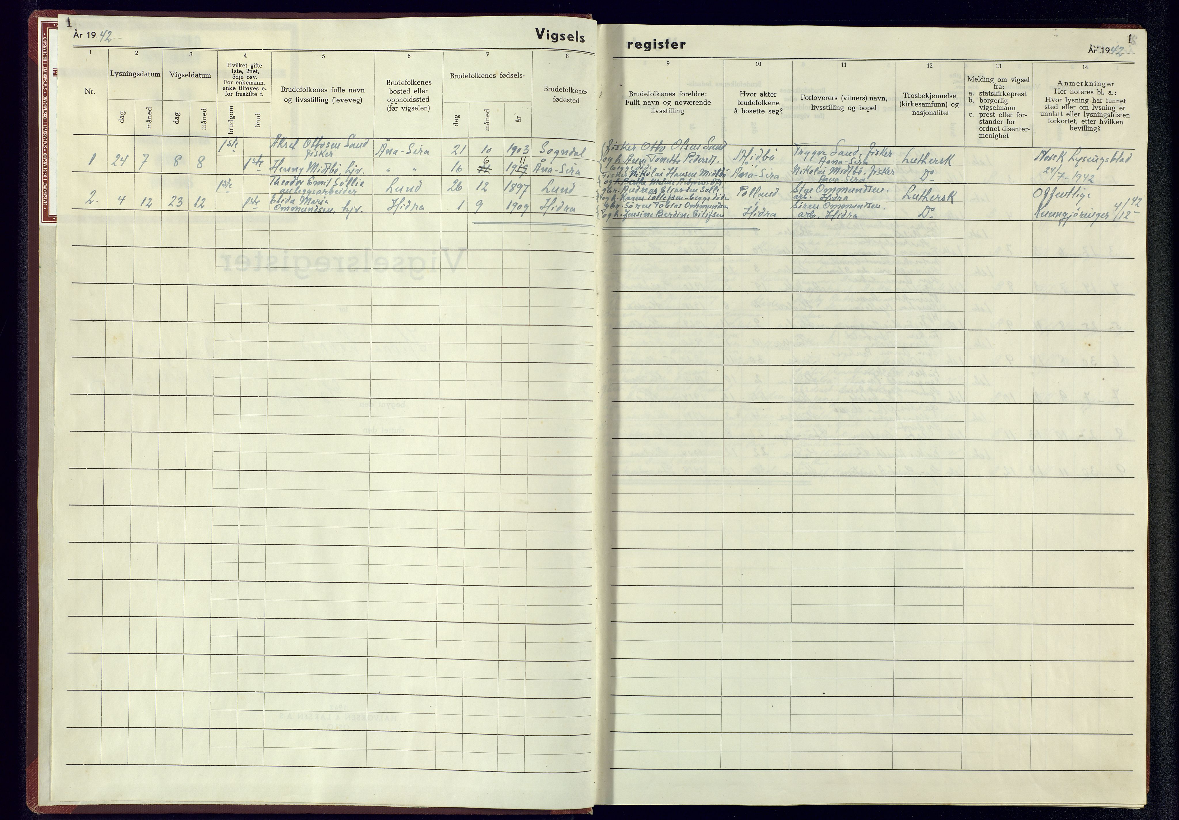 Flekkefjord sokneprestkontor, SAK/1111-0012/J/Jb/L0006: Marriage register no. A-VI-7, 1942-1945, p. 1