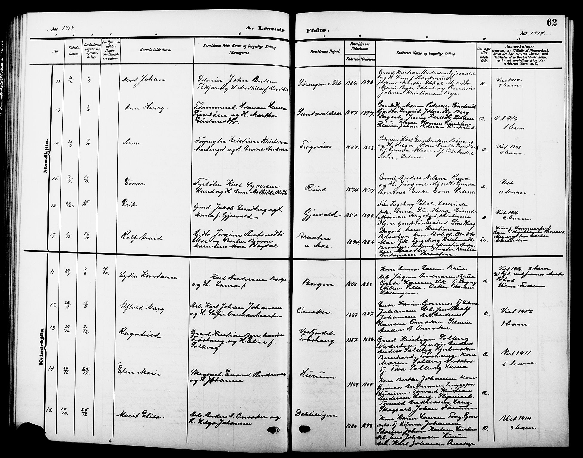 Hole kirkebøker, AV/SAKO-A-228/G/Ga/L0004: Parish register (copy) no. I 4, 1905-1924, p. 62