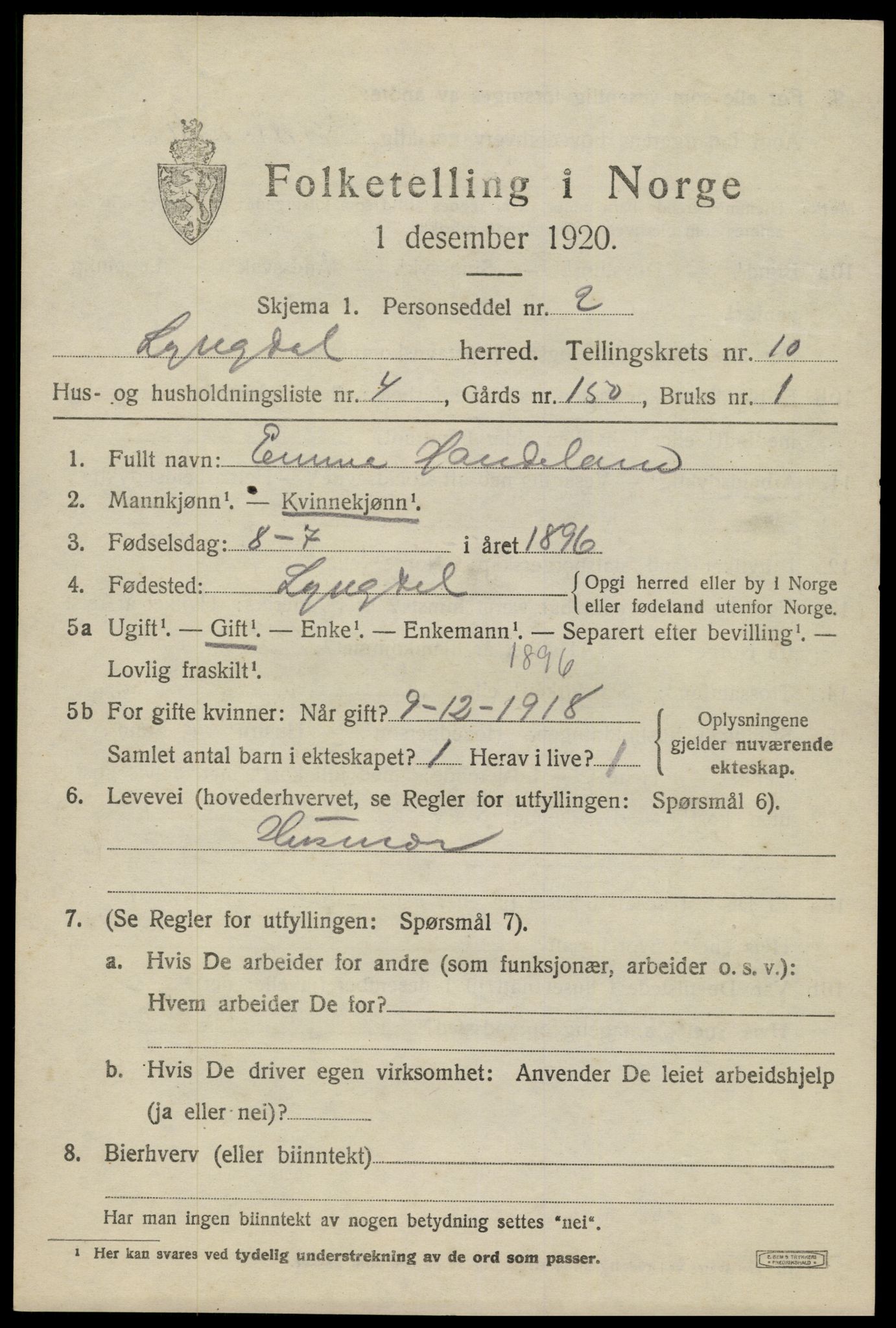 SAK, 1920 census for Lyngdal, 1920, p. 4891