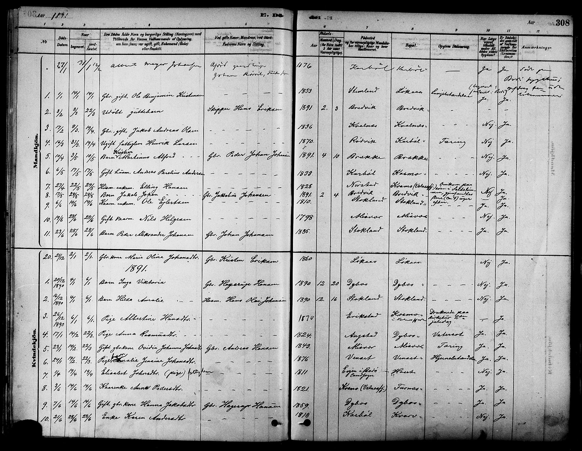 Ministerialprotokoller, klokkerbøker og fødselsregistre - Nordland, AV/SAT-A-1459/852/L0740: Parish register (official) no. 852A10, 1878-1894, p. 308