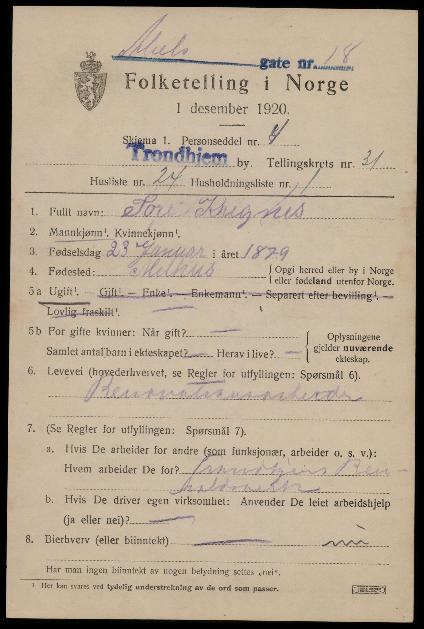 SAT, 1920 census for Trondheim, 1920, p. 77014